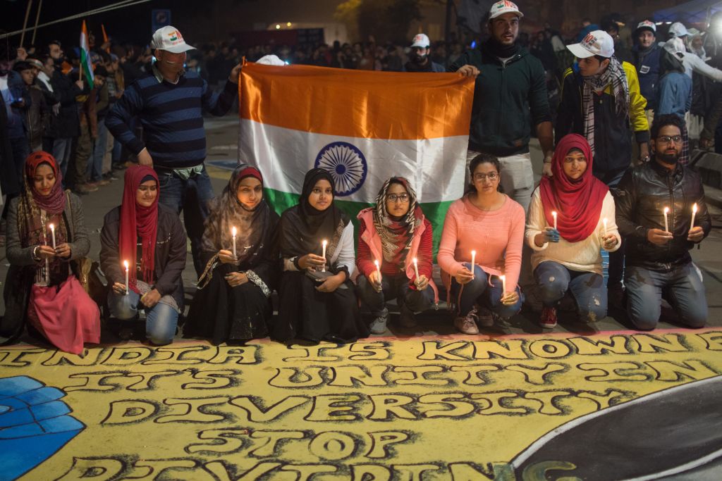 Artists made anti CAA murals and other art installations on the blockade highway during the ongoing weeks long sit-in protest led by women of Shaheen Bagh against the Citizenship Amendment Act, 2019 in Delhi, India on January 12, 2020. (Javed Sultan/Anadolu Agency via Getty Images)