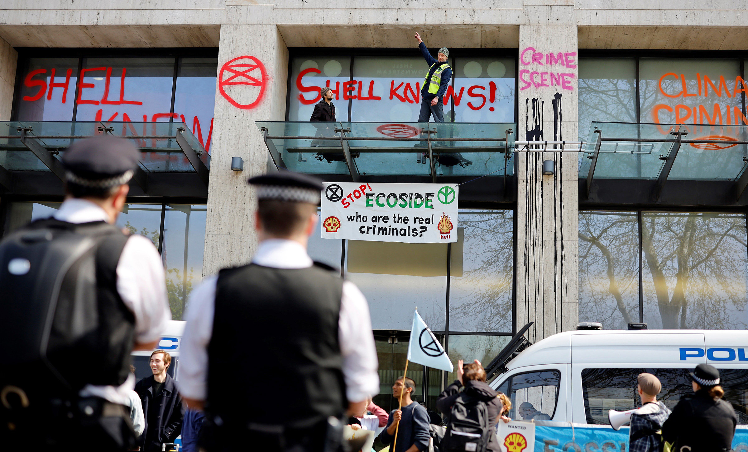 Extinction Rebellion protests outside Shell’s London office in April 2019 (Tolga Akmen—AFP/Getty Images)