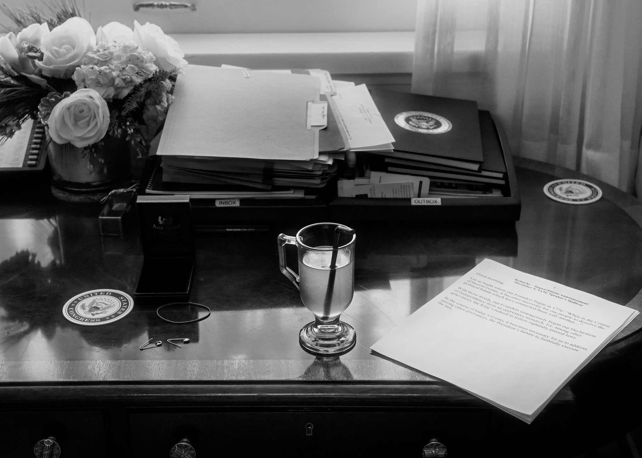 Pelosi's desk in her office at the Capitol on December 5. (Philip Montgomery for TIME)