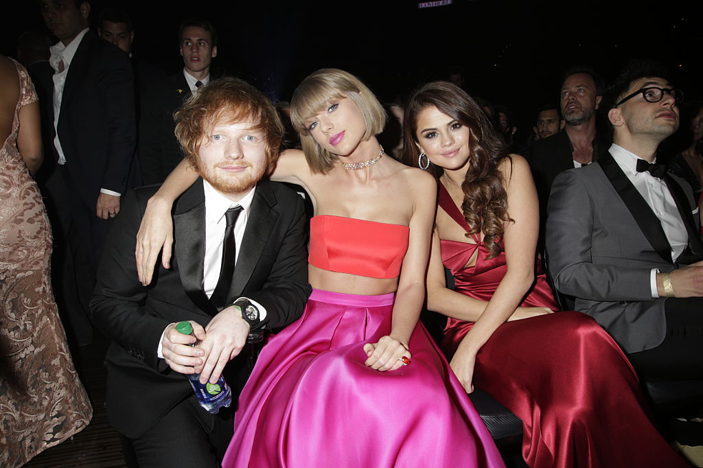 Ed Sheeran, Taylor Swift, and Selena Gomez in the audience at The 58TH ANNUAL GRAMMY AWARDS on Monday, Feb. 15, 2016. (CBS via Getty Images—2016 CBS Photo Archive)