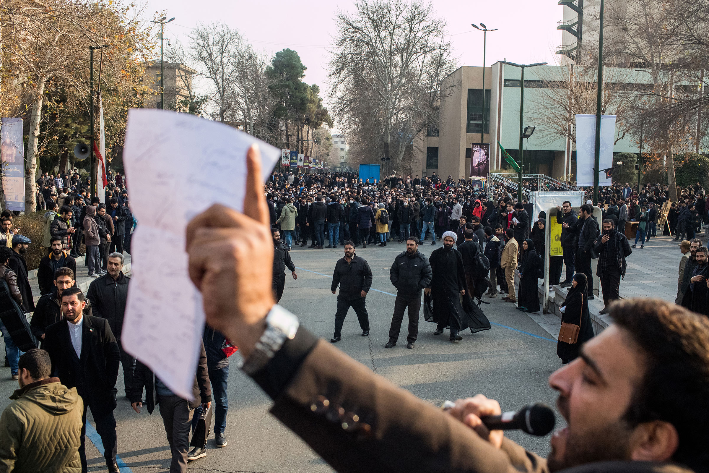 January 14, 2020 - Tehran, Iran: Students protest against the government at Tehran University at the same time when the pro-government students are holding a memorial for Major Gen. Qasem Soleimani in Tehran, Iran. (Arash Khamooshi—Polaris)