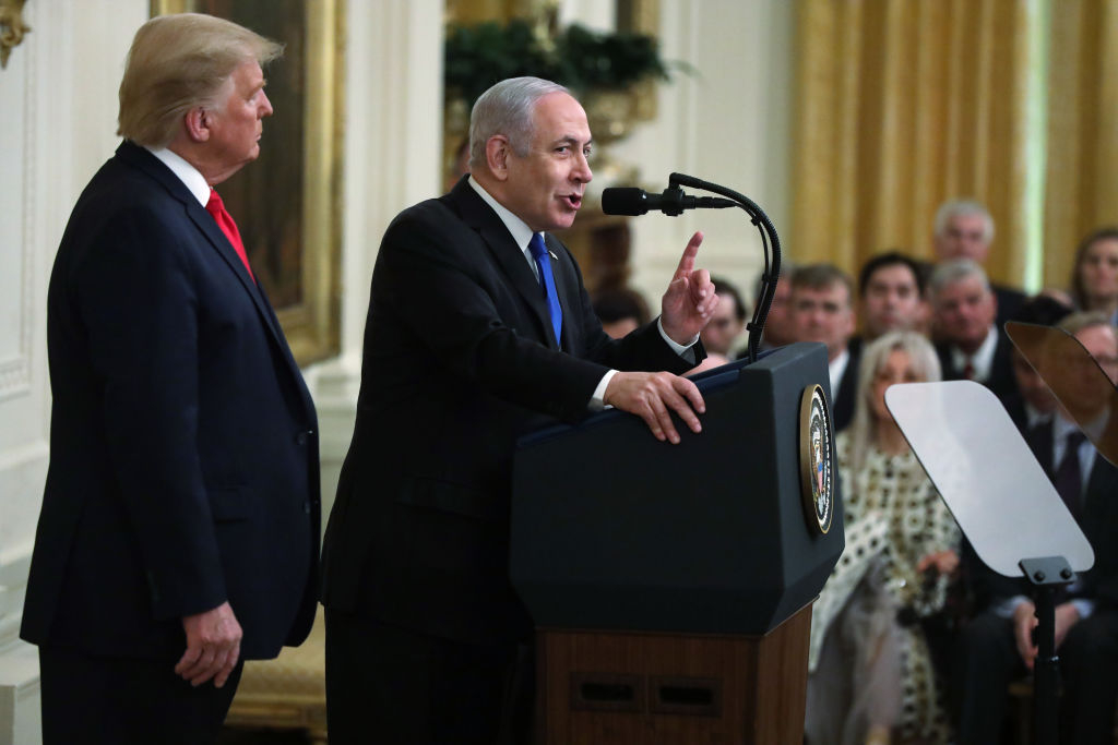 Israeli Prime Minister Benjamin Netanyahu speaks during a press conference with U.S. President Donald Trump in the East Room of the White House on January 28, 2020 in Washington, DC. (Alex Wong/Getty Images)