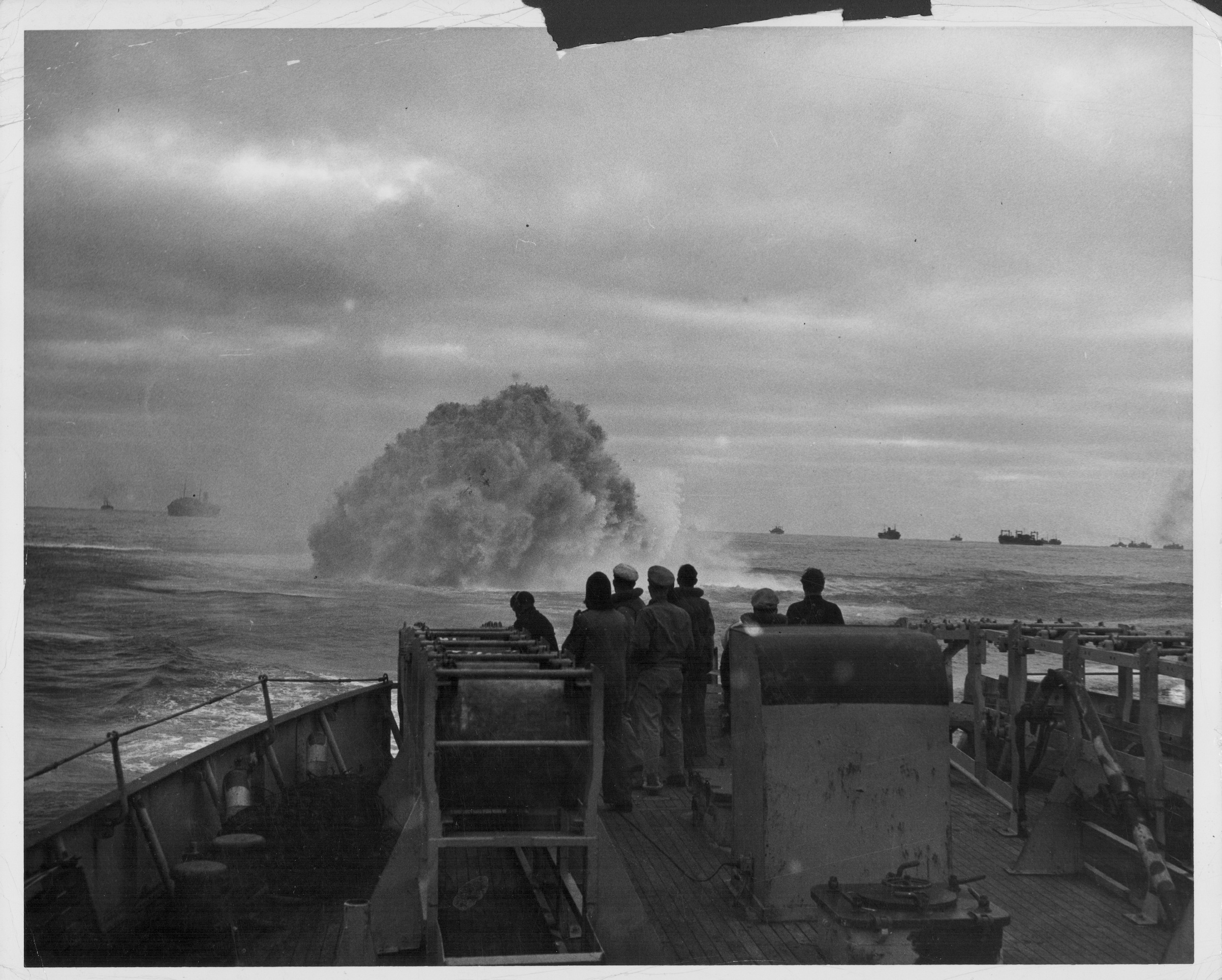 A U.S. Coast Guard Cutter ship blasts a German U-boat during World War II. (US Navy/FPG/Getty Images)