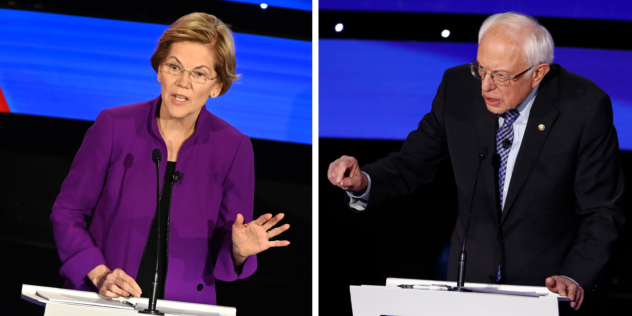 Democratic presidential hopefuls Massachusetts Senator Elizabeth Warren and Sen. Bernie Sanders, I-Vt. (Robyn Beck—AFP via Getty Images; Patrick Semansky—AP)