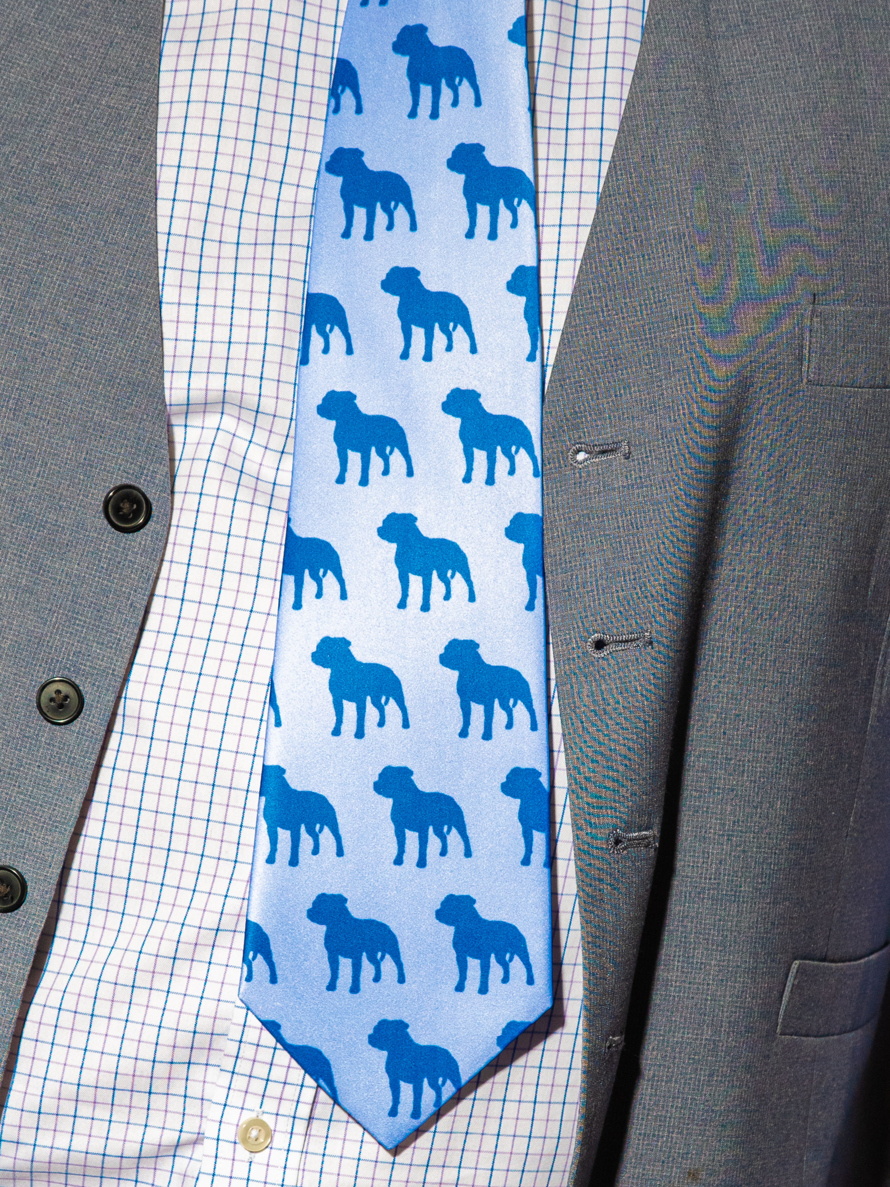A man sports a Pitbull tie at the Westminster Dog Show in New York City on Feb. 10, 2020.