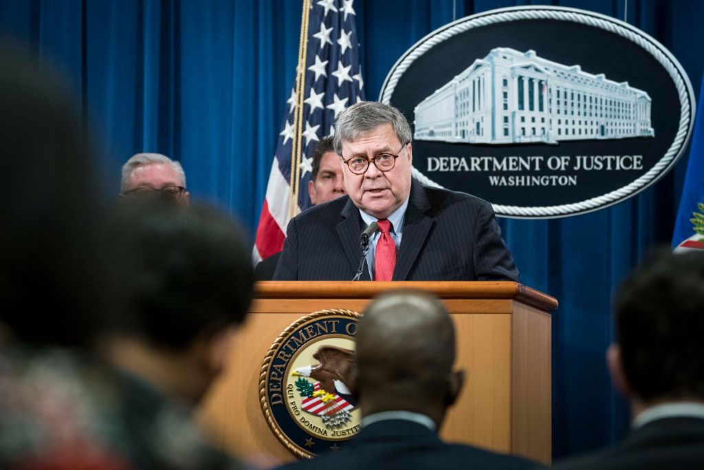 Attorney General William Barr participates in a press conference at the Department of Justice along with DOJ officials on February 10, 2020 in Washington, DC. (Sarah Silbiger/Getty Images)