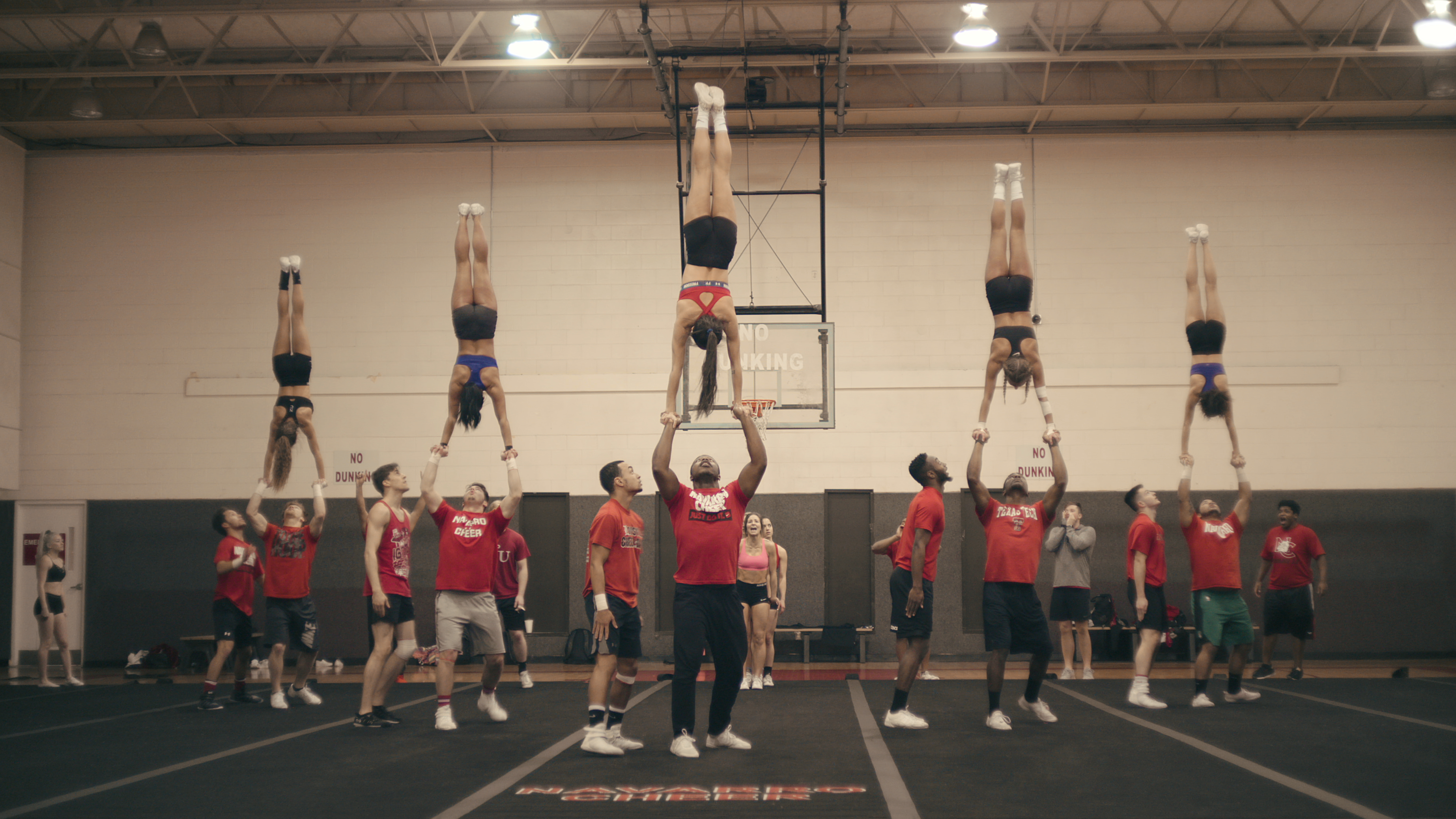 The Navarro cheerleaders practice their routine in the docuseries 'Cheer.' (Courtesy of Netflix)
