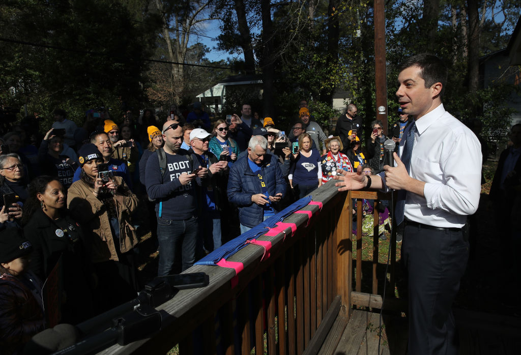 Democratic presidential candidate former South Bend, Indiana, Mayor Pete Buttigieg speaks at canvassing launch meeting at a private home in Columbia, South Carolina, on February 29, 2020. (Win McNamee—Getty Images)