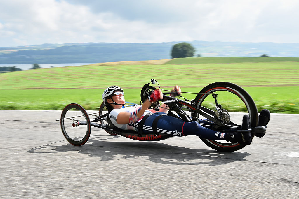 Karen Darke of Great Britain in action in the WH3 Road race during the Road Race on Day 5 of the UCI Para-Cycling Road World Championship on Aug. 2, 2015 in Lucerne, Switzerland. (Getty Images—Christopher Lee)