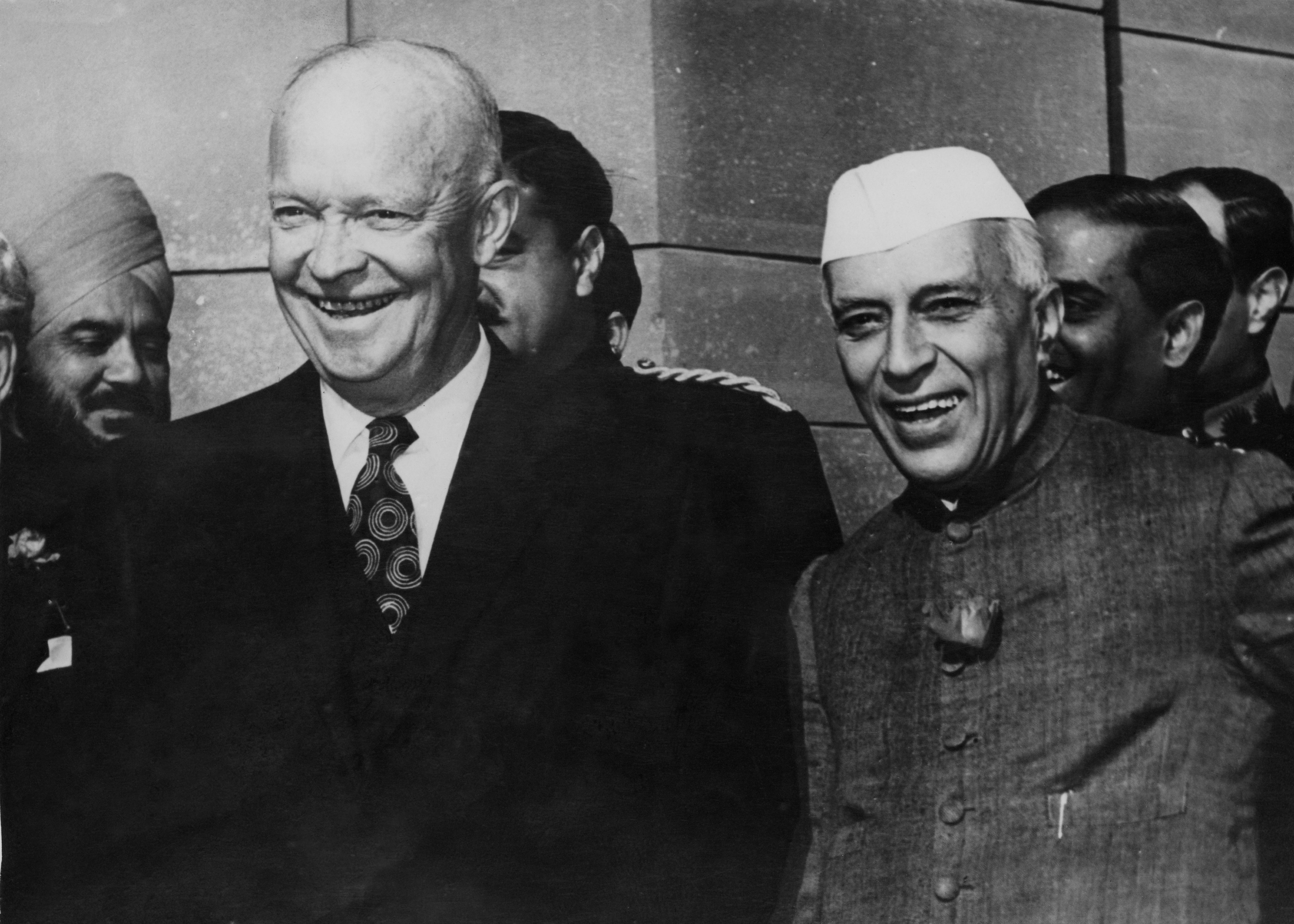 US President Dwight D. Eisenhower with Indian Prime Minister Jawaharlal Nehru at the Rashtrapati Bhavan in New Delhi, during Eisenhower's Goodwill Tour, Dec. 14, 1959. (Keystone/Hulton Archive/Getty Images)