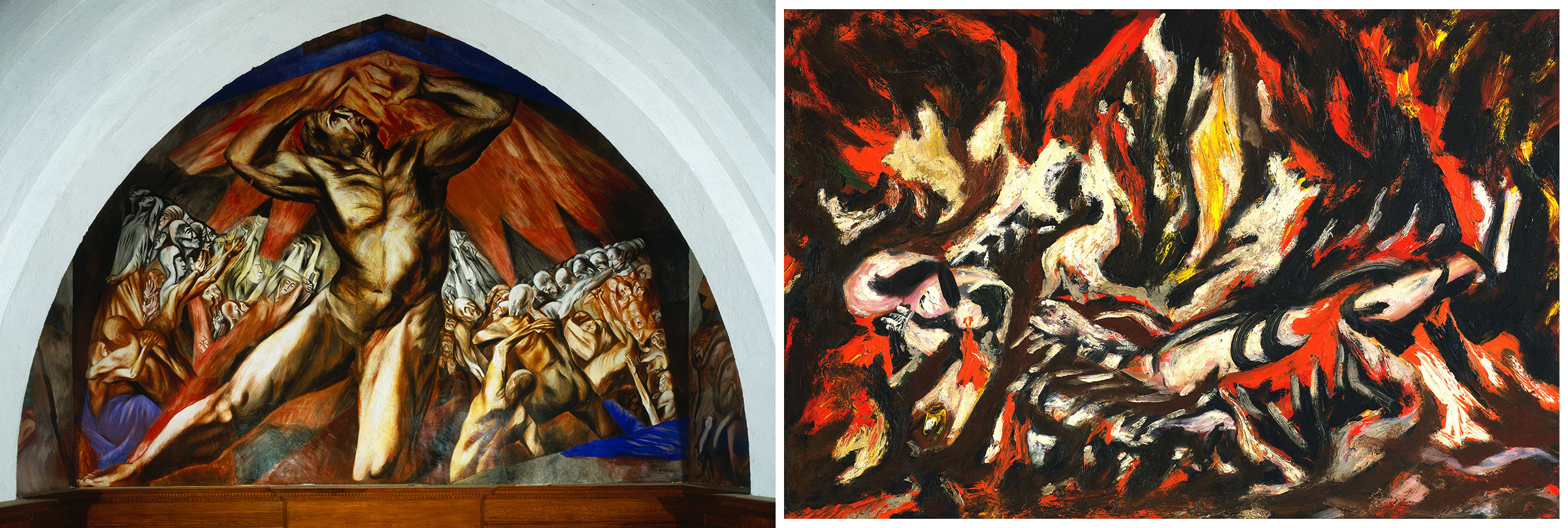 Left: José Clemente Orozco, Reproduction of Prometheus, 1930; Right: Jackson Pollock, The Flame , 1934–38 (Artists Rights Society (ARS)/SOMAAP; The Pollock-Krasner Foundation/Artists Rights Society (ARS). Image: The Museum of Modern Art/SCALA/Art Resource)