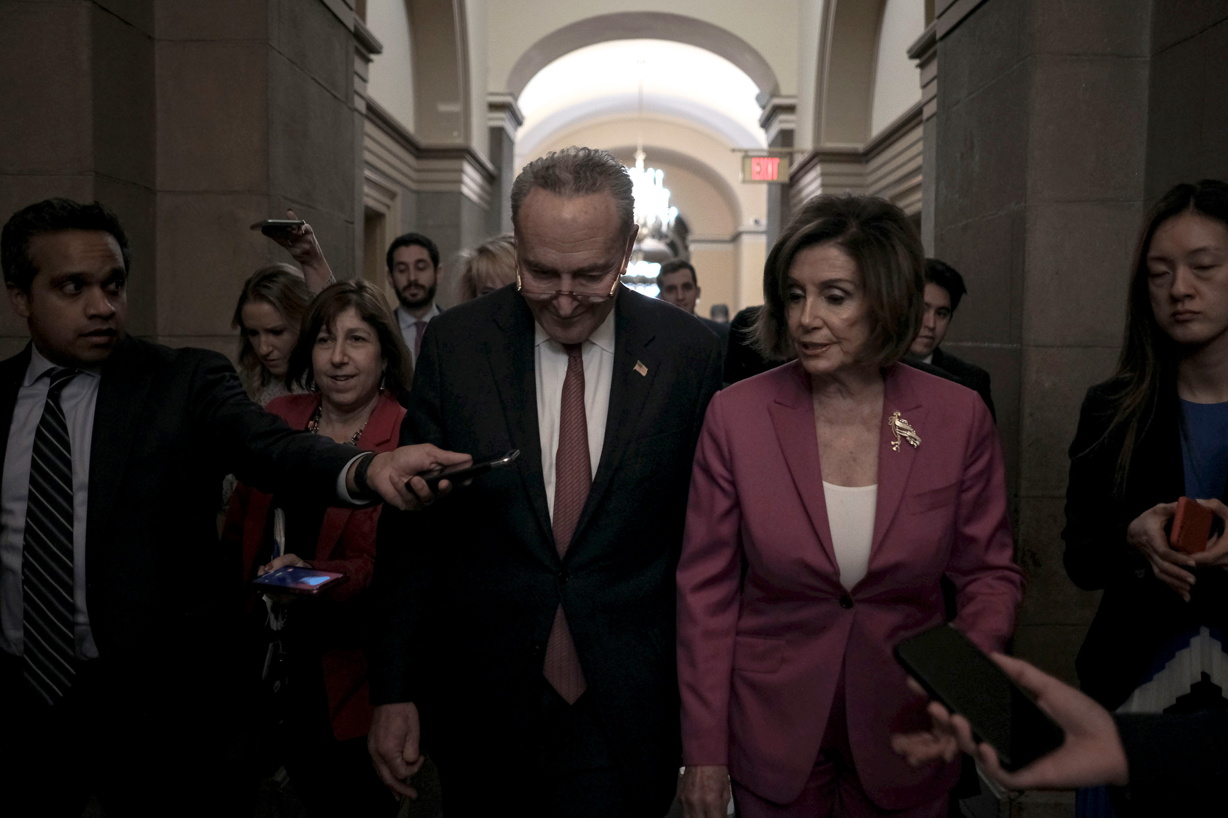 2/4/20, Capitol Hill, Washington, D.C. Senate Minority Leader Chuck Schumer (D-N.Y.) and Speaker Nancy Pelosi (D-Calif.) leave a press conference on lowering the price for healthcare in anticipation to President Trump's State of the Union address at the Capitol in Washington, D.C. on Feb. 4, 2020.Gabriella Demczuk / TIME