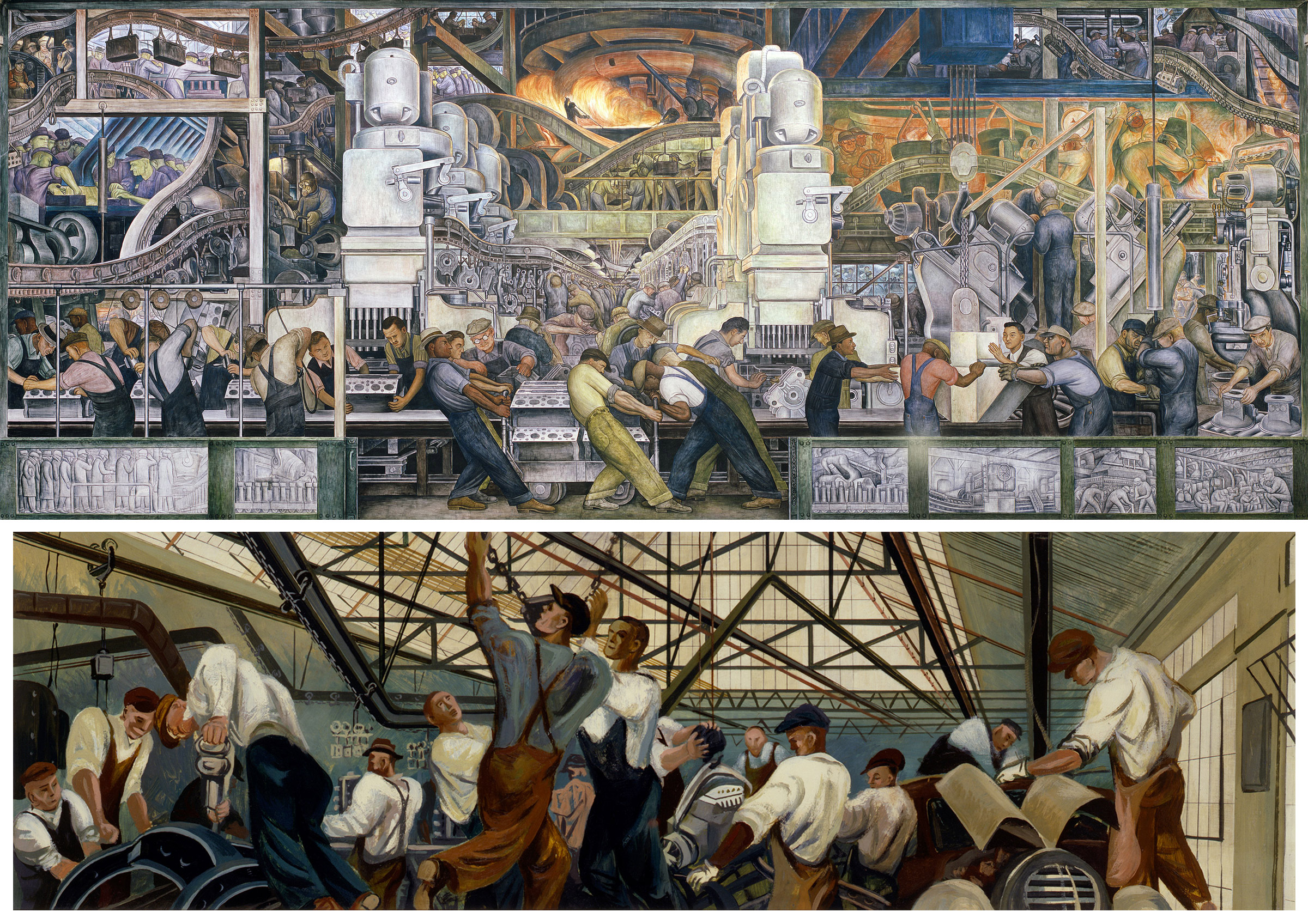 Left: Diego Rivera, Lower panel of Detroit Industry, North Wall, 1932–33; Right: William Gropper, Automobile Industry (mural study, Detroit, Michigan Post Office), 1940–41