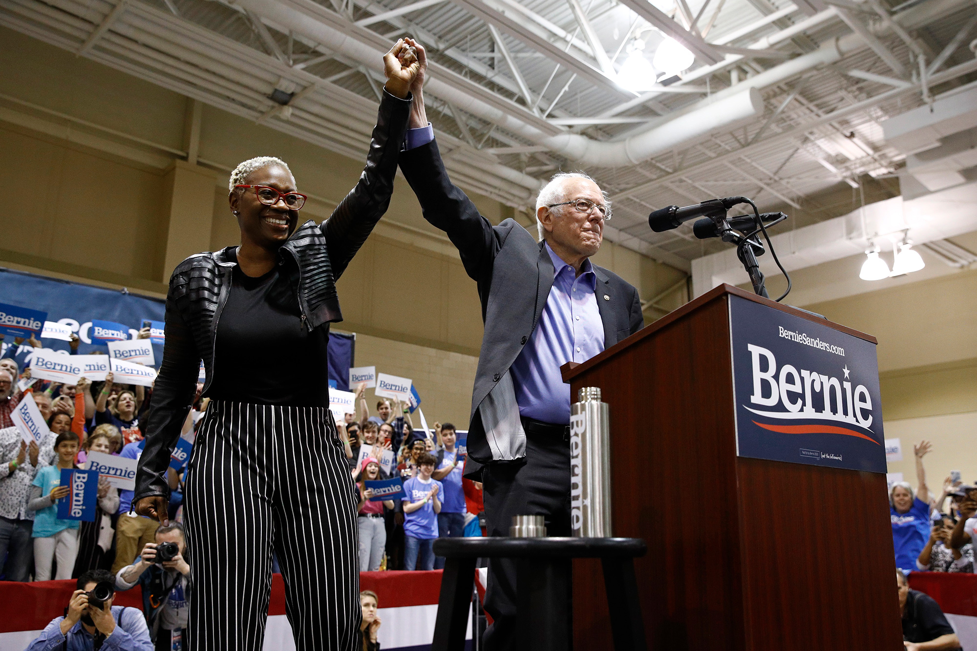 Democratic presidential candidate Sen. Bernie Sanders, right, stands onstage with former Ohio state Sen. Nina Turner before speaking at a campaign event in North Charleston, SC, Feb. 26, 2020. (Patrick Semansky—AP)