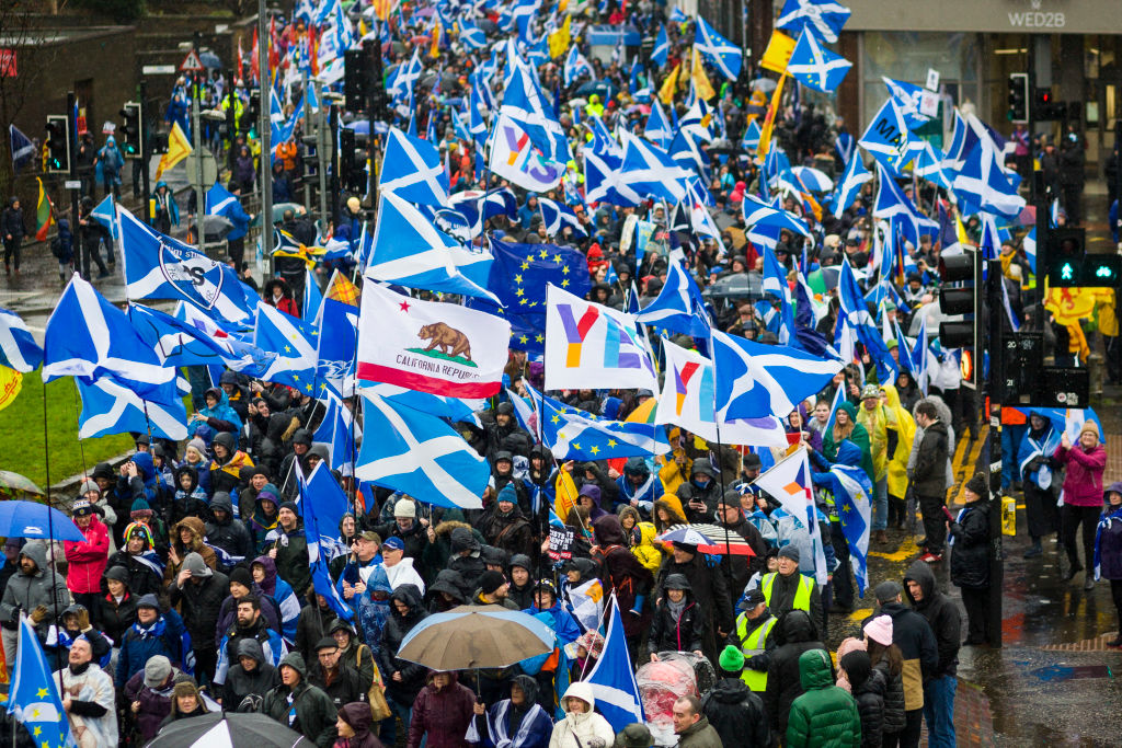 Thousands of Scottish independence supporters march through Glasgow carrying Scottish and E.U. flags on January 11, 2020 in Glasgow, Scotland. (Ewan Bootman—NurPhoto/Getty Images)