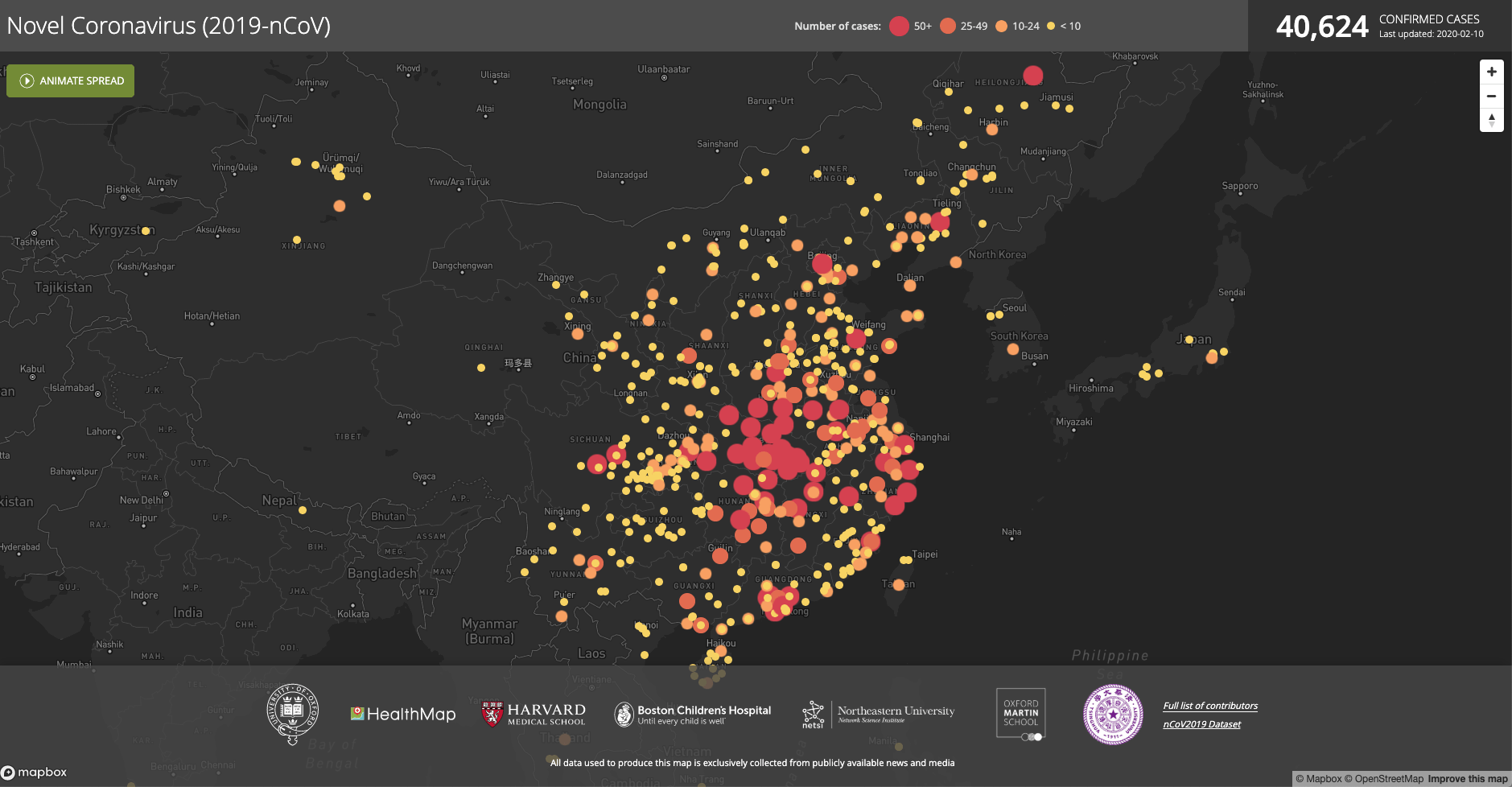 Healthmap's data visualization of 2019-nCoV's spread in China and east Asia as of February 10, 2020