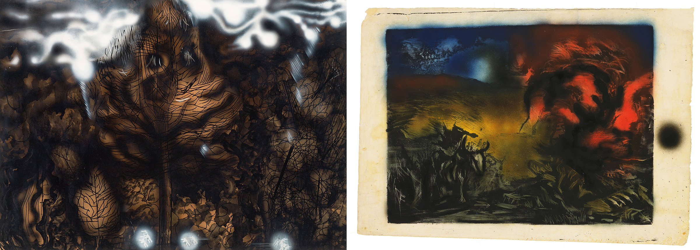 Left: David Alfaro Siqueiros, The Electric Forest, 1939; Right: Jackson Pollock, Landscape with Steer, 1936–37