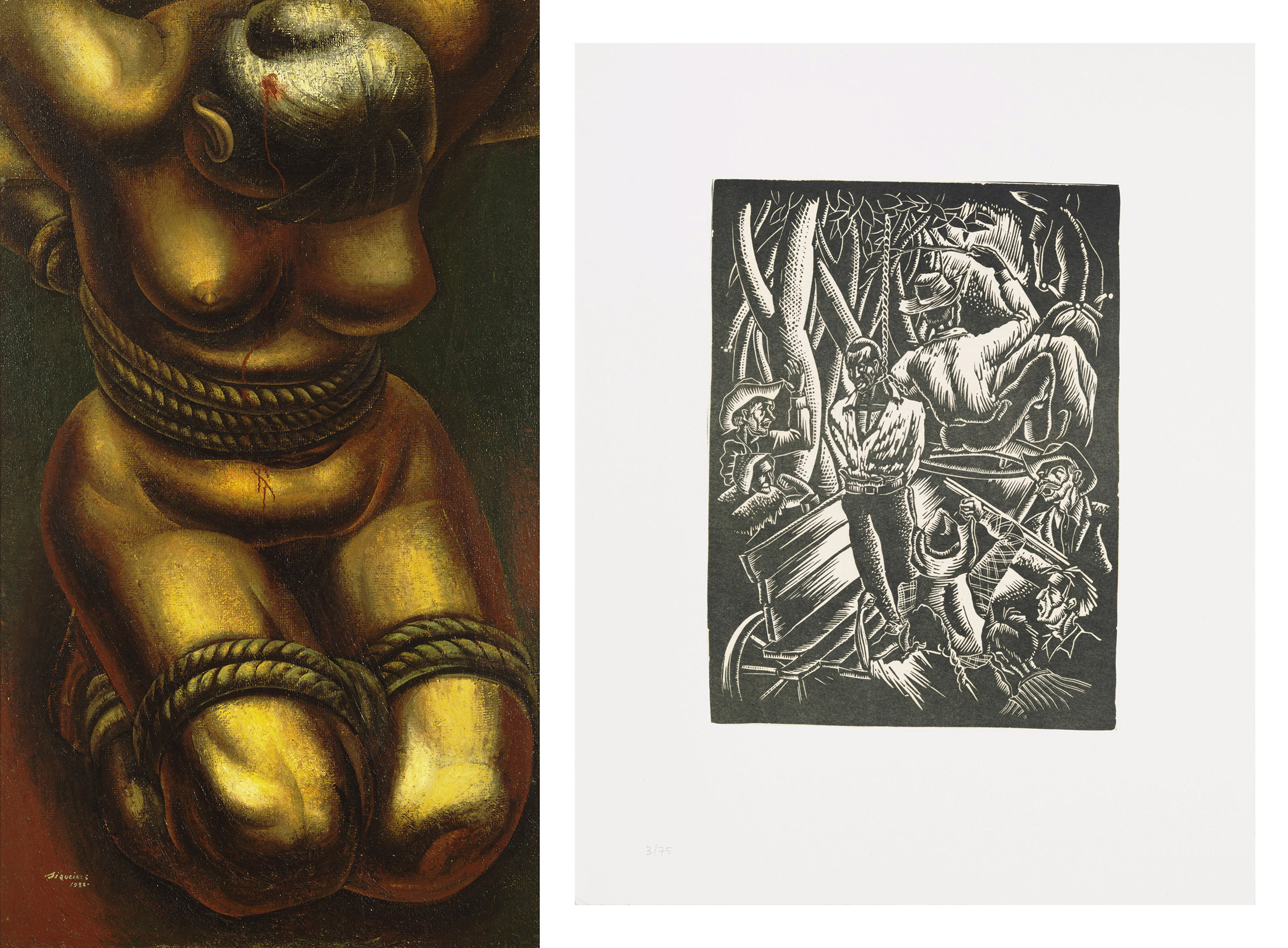 Left: David Alfaro Siqueiros, Proletarian Victim, 1933; Right: Hale Woodruff, Giddap, 1935 (printed 1996)