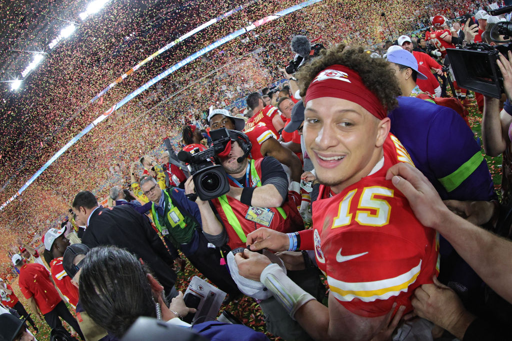 Patrick Mahomes #15 of the Kansas City Chiefs celebrates after defeating the San Francisco 49ers 31-20 in Super Bowl LIV at Hard Rock Stadium on February 02, 2020 in Miami, Florida. (Tom Pennington — Getty Images)