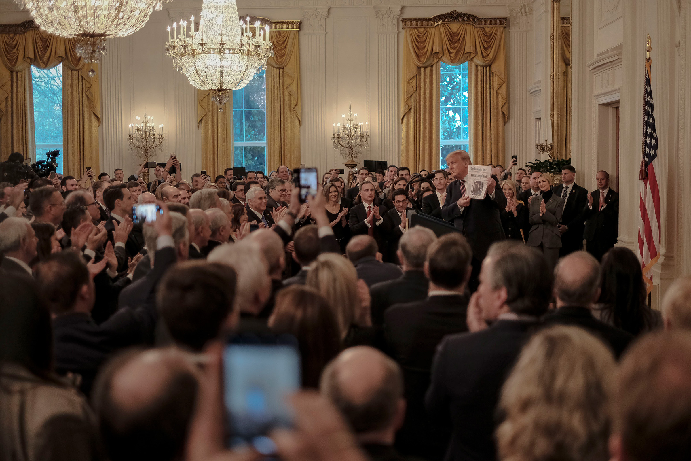 2/6/20, The White House, Washington, D.C. President Donald Trump delivers a post acquittal remarks to supporters in the East Room of the White House in Washington, D.C. on Feb. 6, 2020.Gabriella Demczuk / TIME