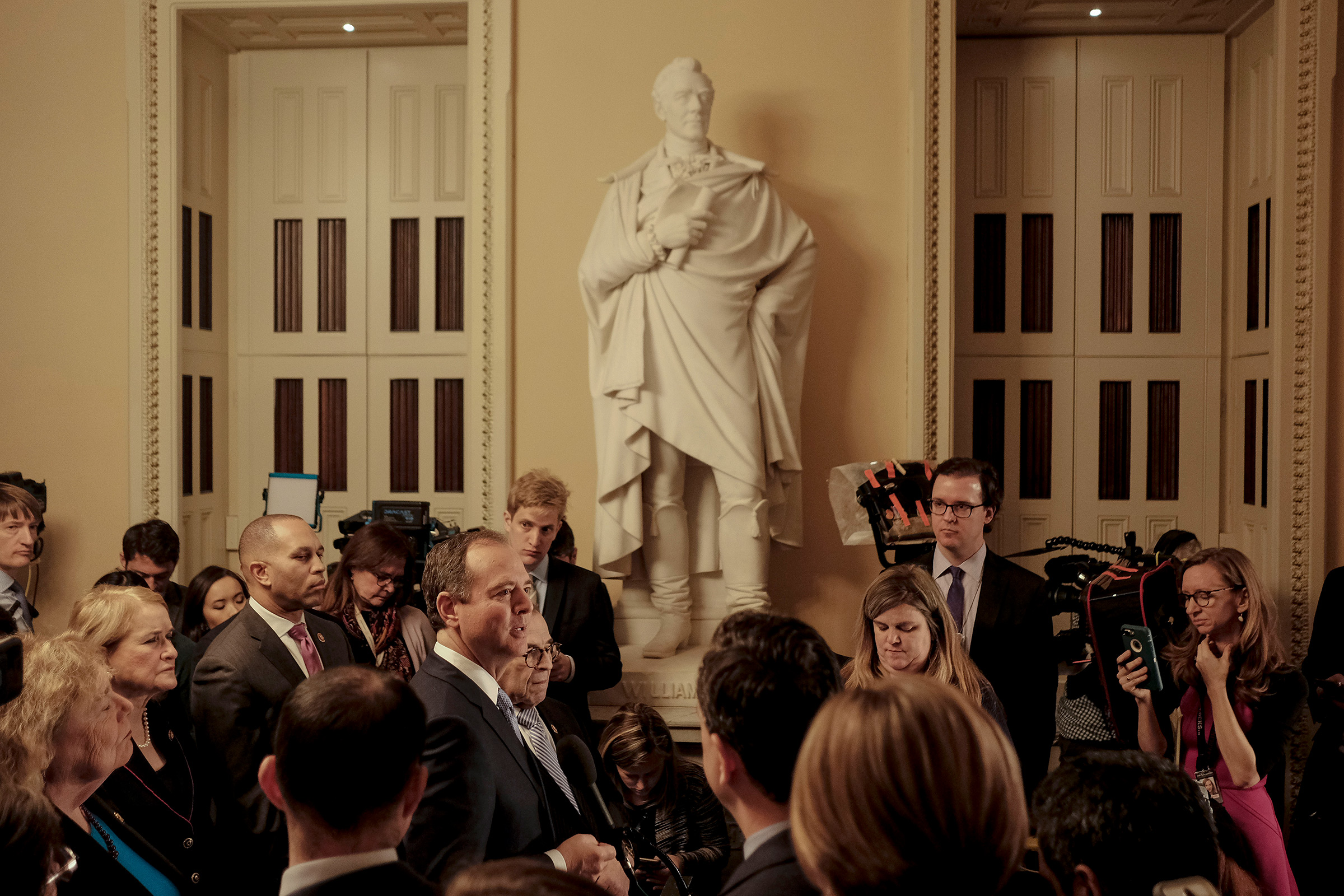 Rep. Adam Schiff, along with other House managers, speaks to reporters at a press conference before the start of the senate impeachment trial at the Capitol in Washington, D.C. on Jan. 21, 2020. (Gabriella Demczuk for TIME)