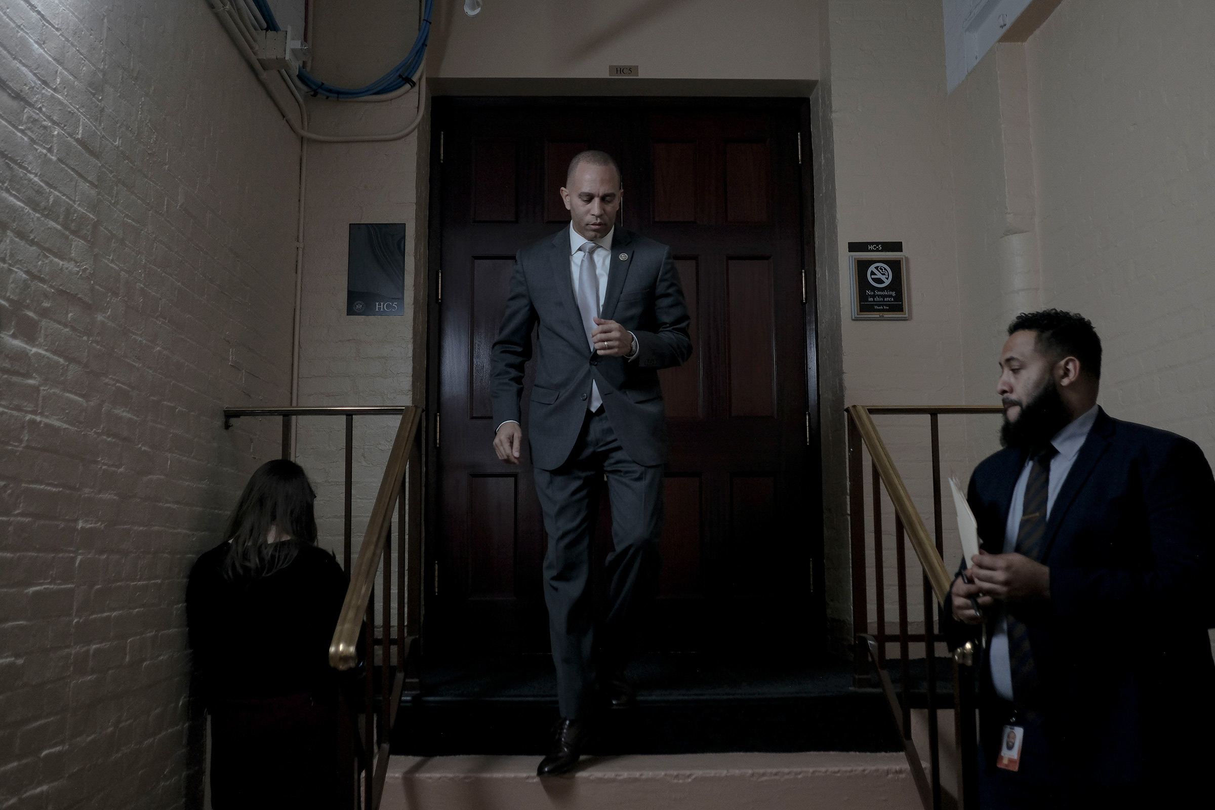 Democratic Caucus Chairman Hakeem Jeffries (D-N.Y.) leaves a meeting with the House Democratic Caucus in the basement of the Capitol in Washington, D.C., on Dec. 17, 2019. (Gabriella Demczuk for TIME)