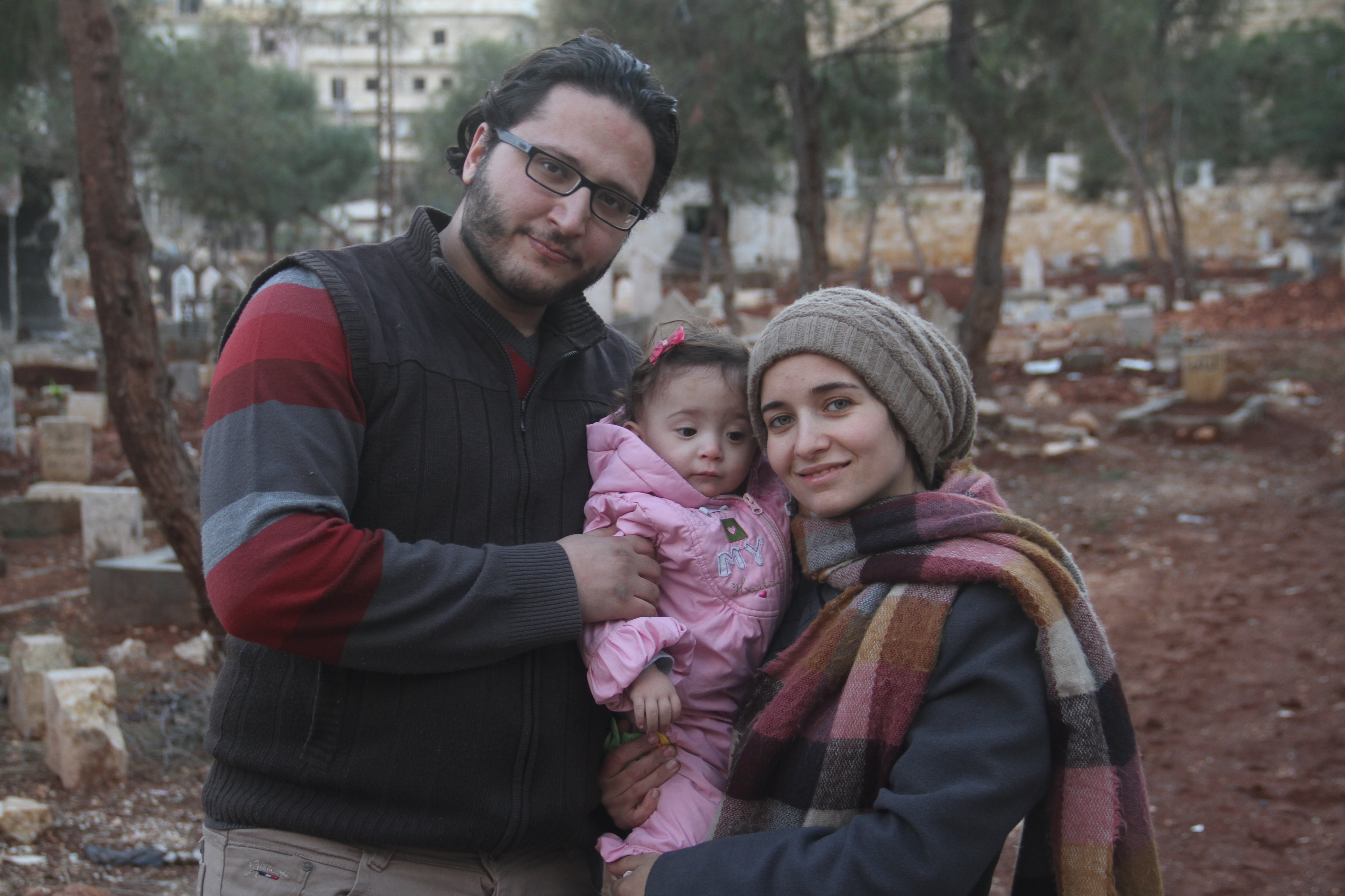 Waad and Hamza al-Kateab with Sama in Aleppo. (FRONTLINE/ “For Sama”)