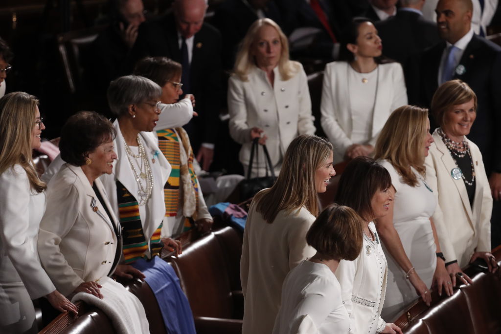 Democratic lawmakers dress in white as they arrive ahead of a State of the Union address to a joint session of Congress at the U.S. Capitol in Washington, D.C., U.S., on Tuesday, Feb. 4, 2020. (Andrew Harrer/Bloomberg via Getty Images)
