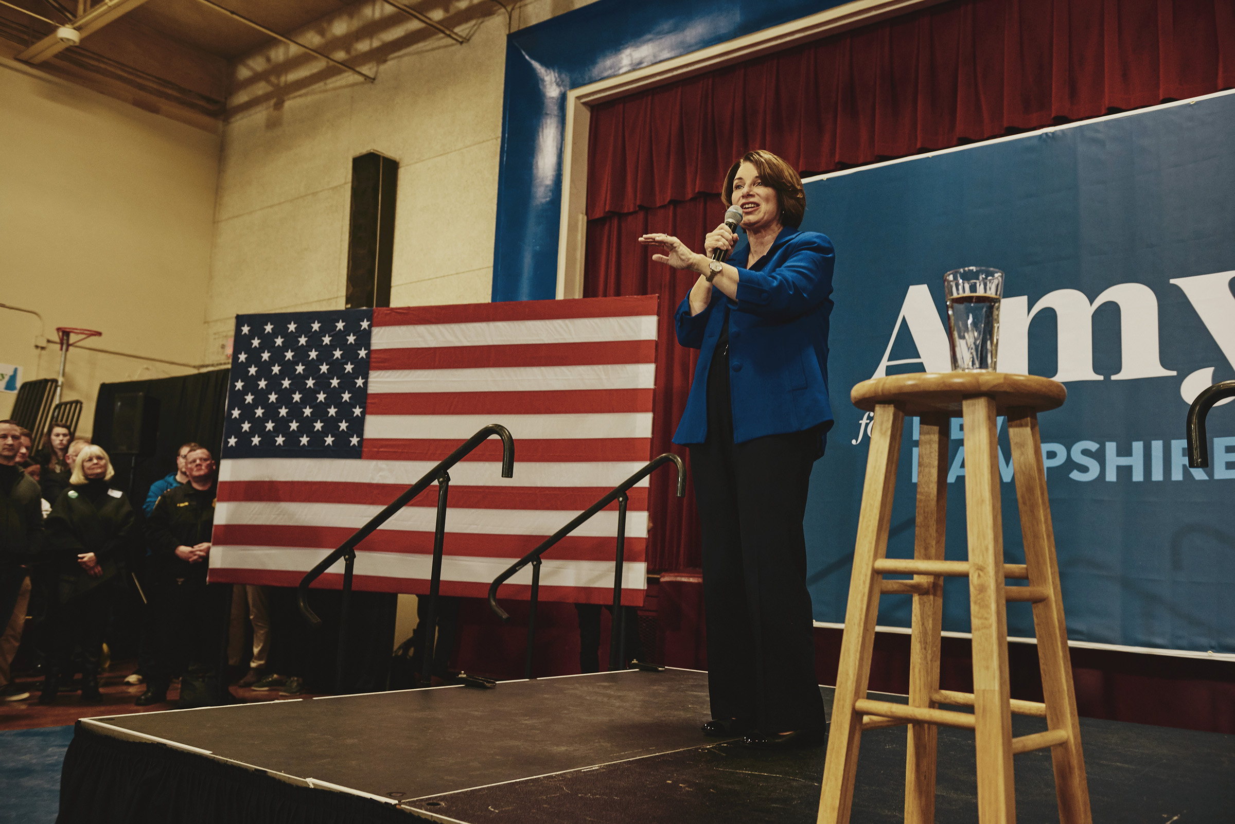 Sen. Amy Klobuchar speaks at her Salem GOTV event at the Woodbury School in Salem, N.H. on Feb. 9, 2020. (Tony Luong for TIME)