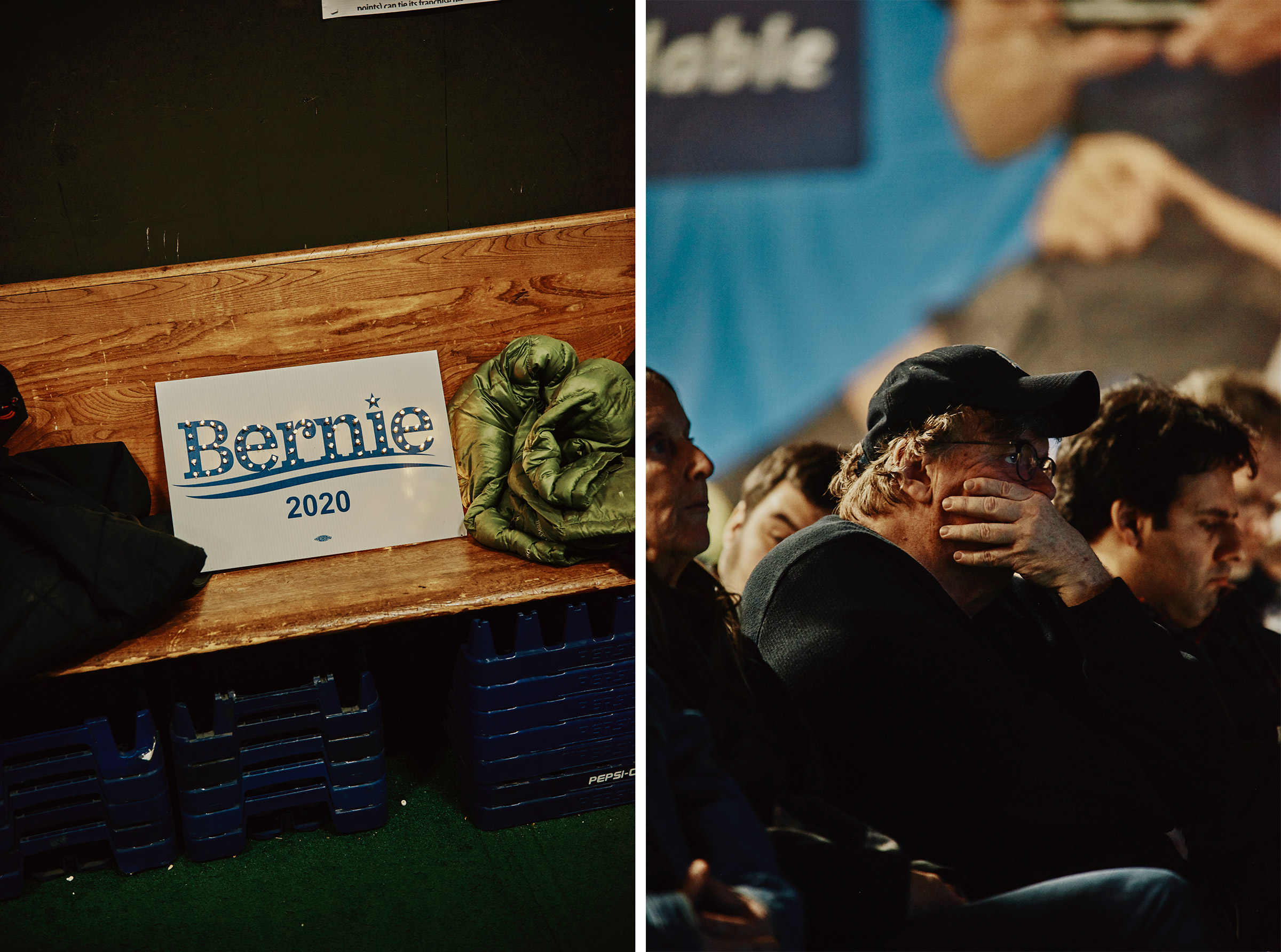 A sign at the Bernie Sanders 2020 Debate Watch Party; Michael Moore watches the debate in Manchester, N.H. (Tony Luong for TIME)
