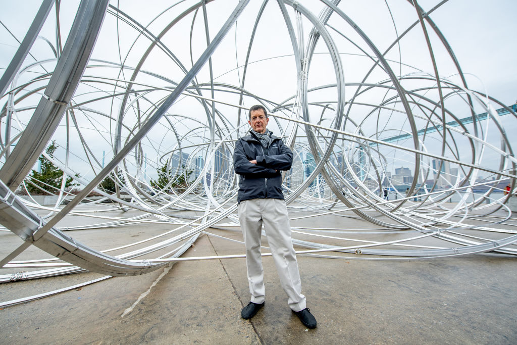 Artist Antony Gormley unveils new work as part of global art project "Connect, BTS" at Brooklyn Bridge Park on February 4, 2020 in New York City. (Getty Images—2020 Roy Rochlin)