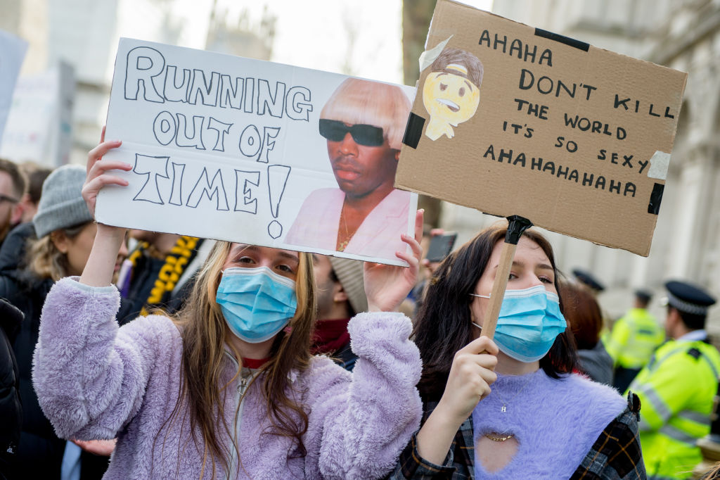 Teenage Climate Crisis activists from various climate activism groups protesting in Westminster during the first UK Students Strike Over Climate Change march of 2020 on February 14, 2020 in London, England. (Getty Images—2020 Ollie Millington)