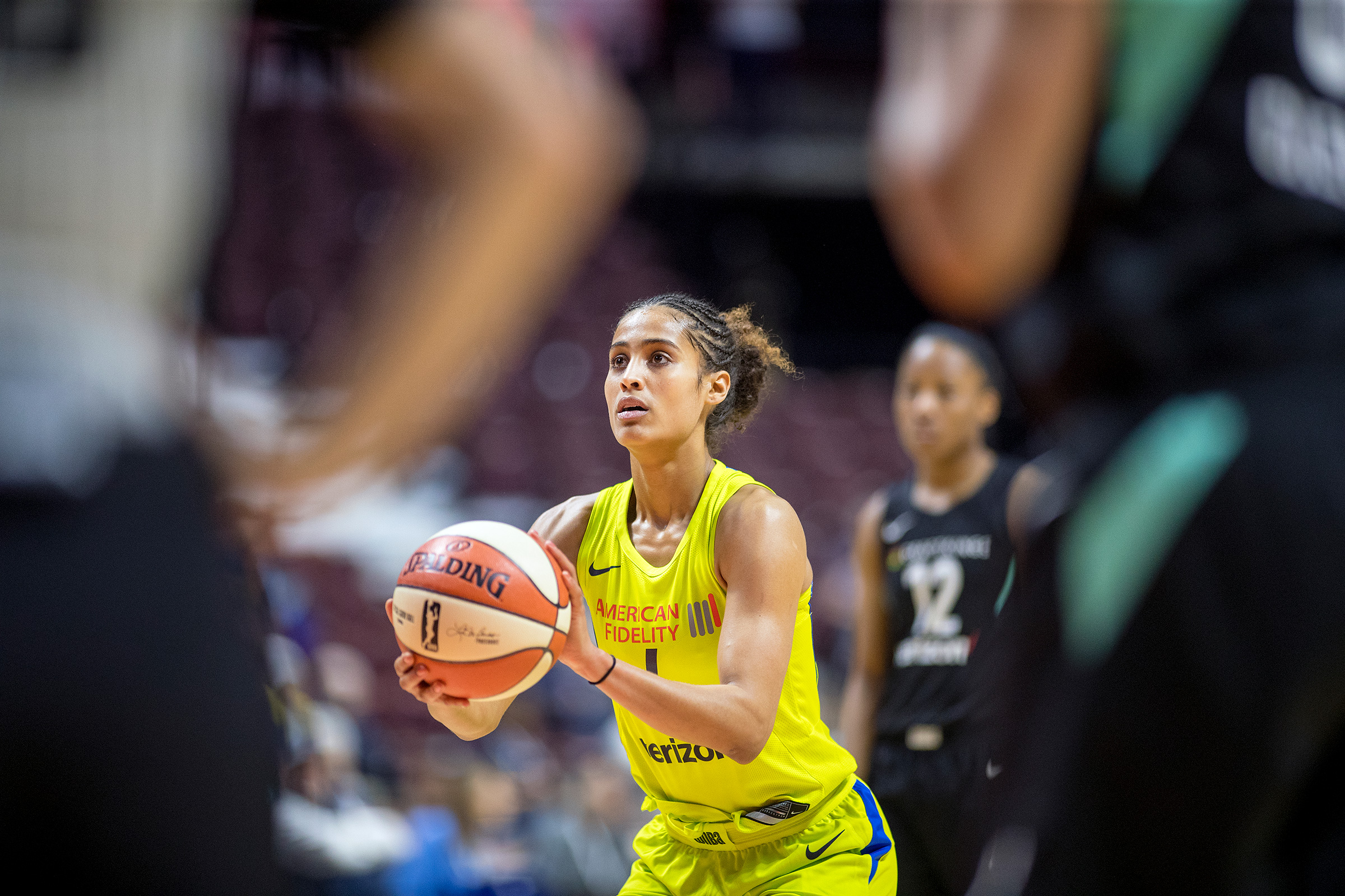 Diggins-Smith during a WNBA preseason game in 2018; she later said she played the whole season pregnant