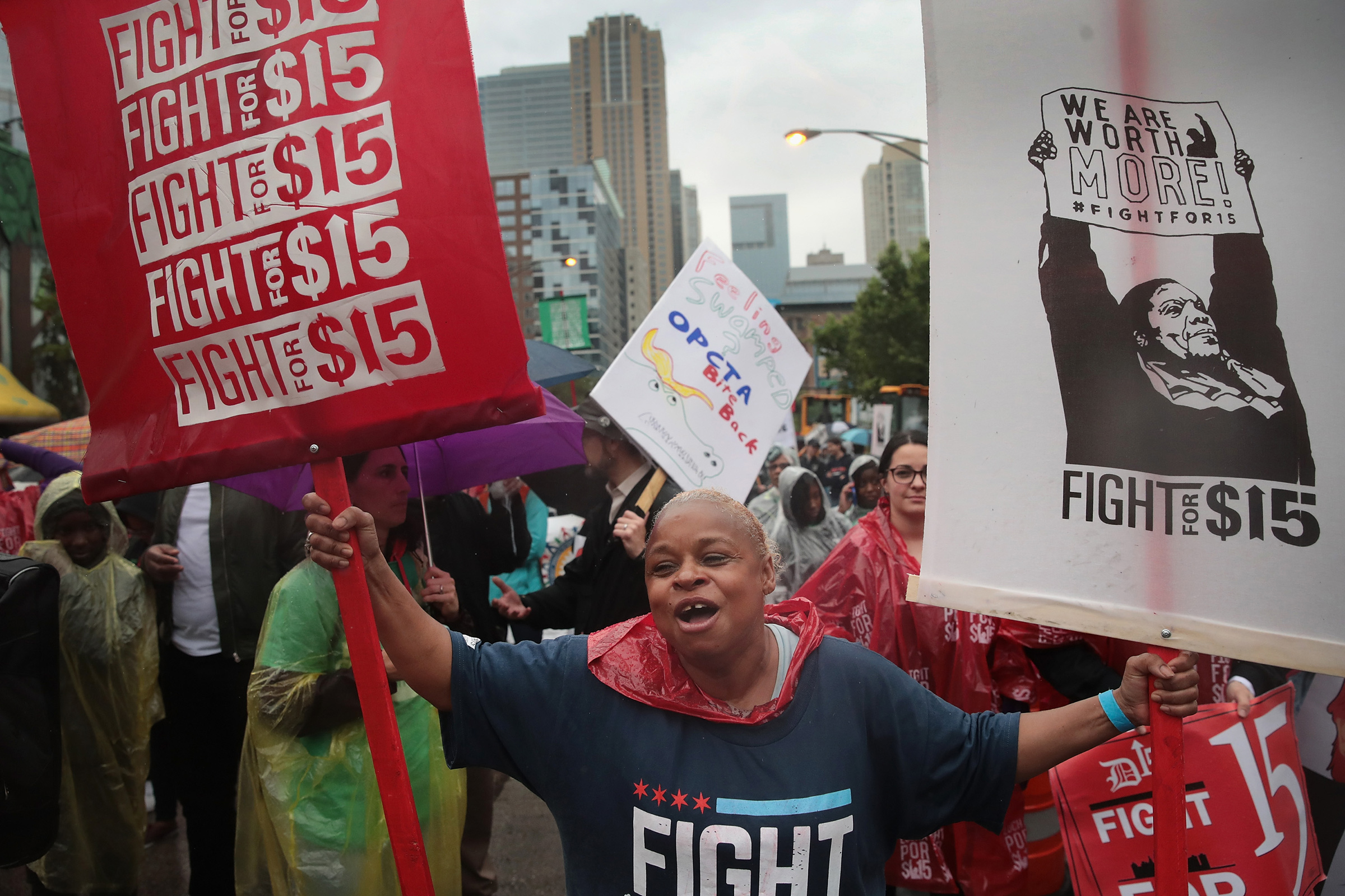 Demonstrators march in Chicago for a $15-per-hour minimum wage on May 23, 2017