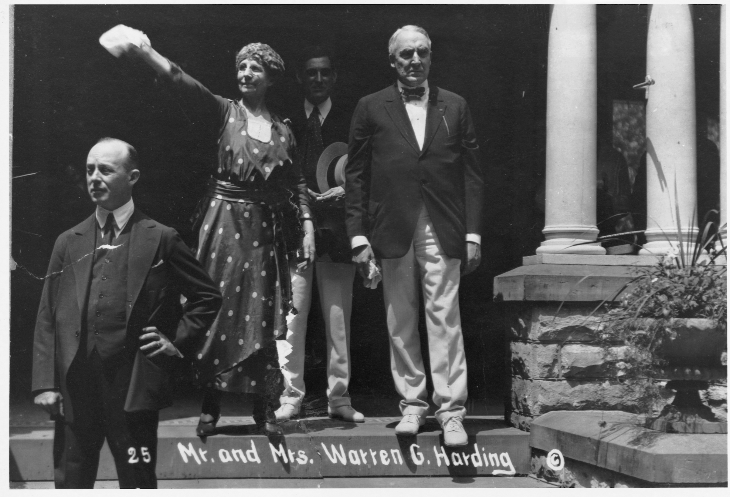 Warren G. Harding and his wife Florence on the front porch of the Harding house in Marion, Ohio, from which Harding conducted his successful campaign for the Presidency. (Corbis/VCG via Getty Images)
