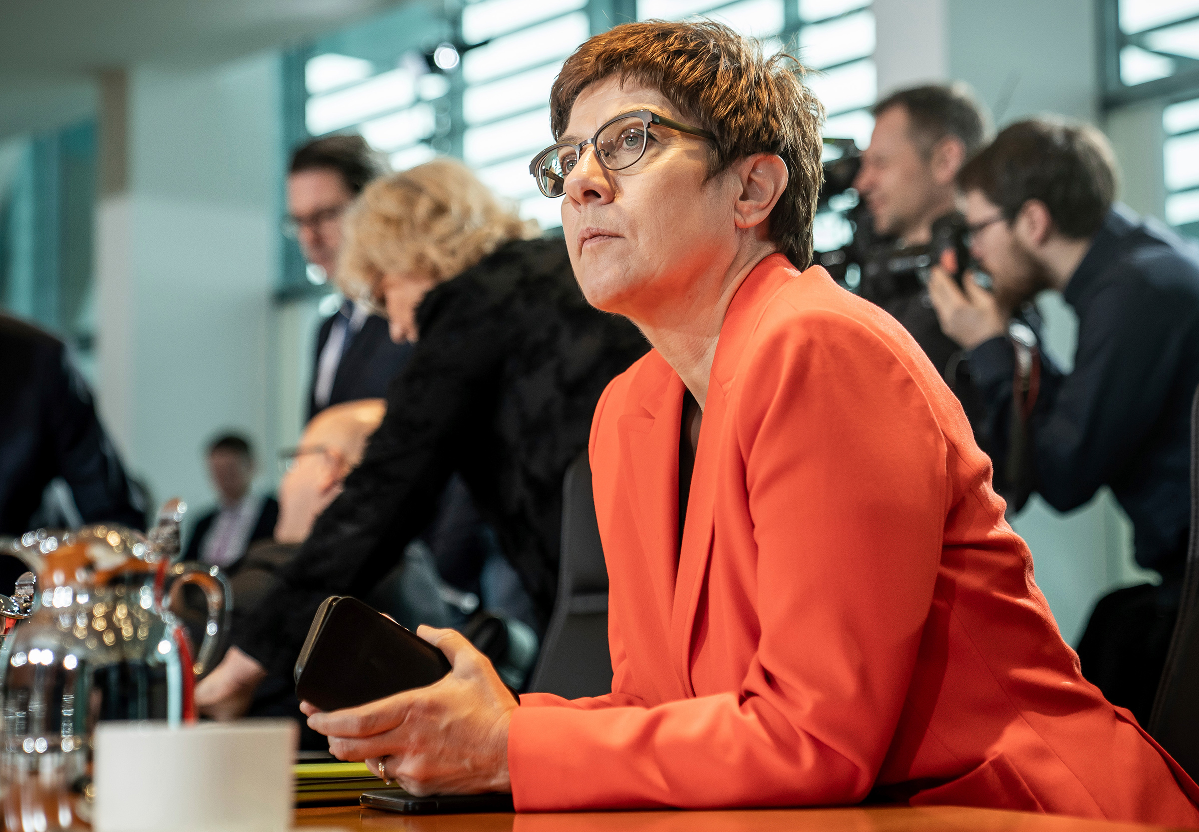 Feb. 19, Berlin: Annegret Kramp-Karrenbauer (CDU), Federal Minister of Defence, is waiting for the start of the weekly cabinet meeting in the Chancellery. Among other things, the federal government wants to pass the bill for a basic pension for low earners. (Michael Kappeler—Picture-Alliance/dpa/AP)