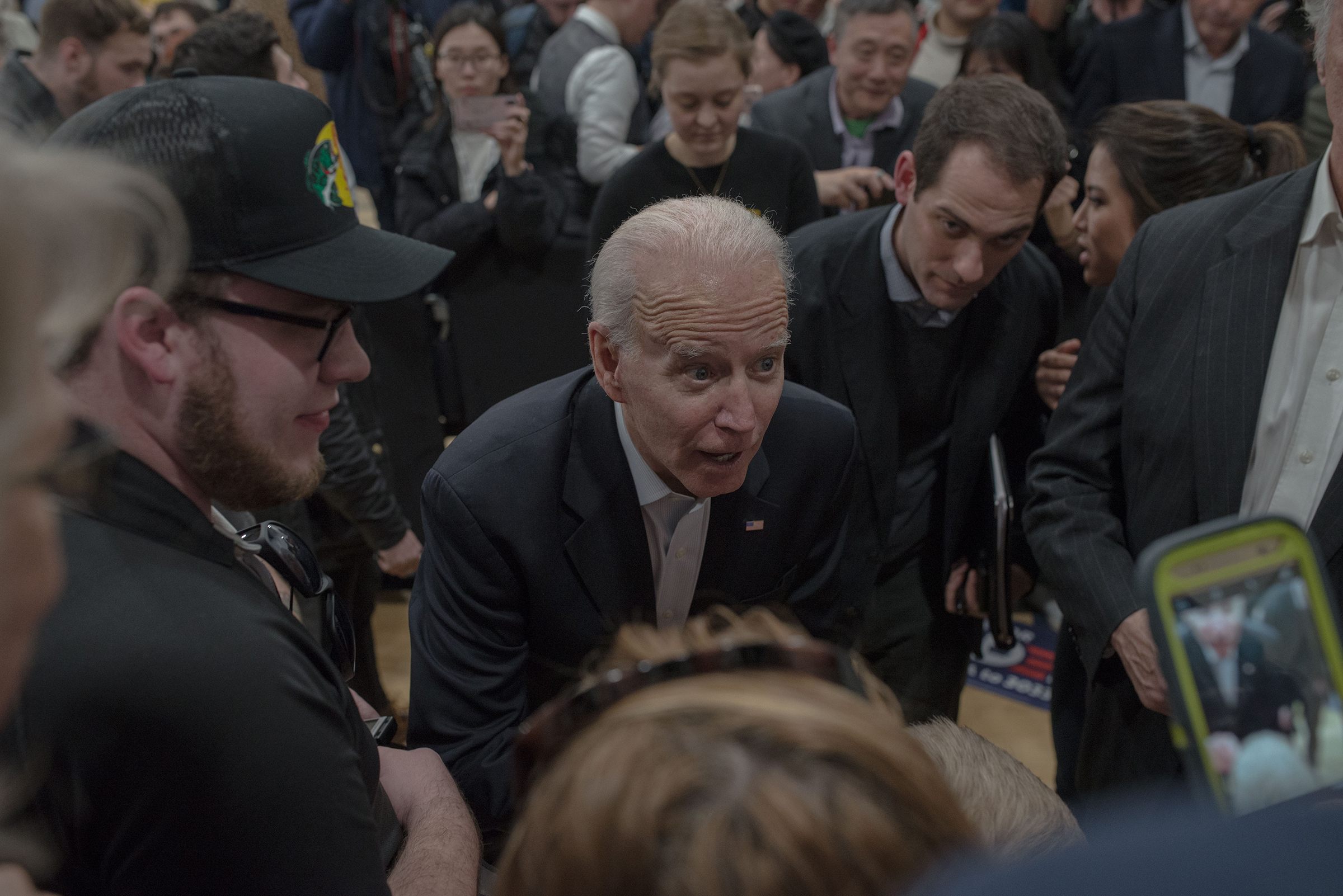 Biden at a town hall in Des Moines on Feb. 2