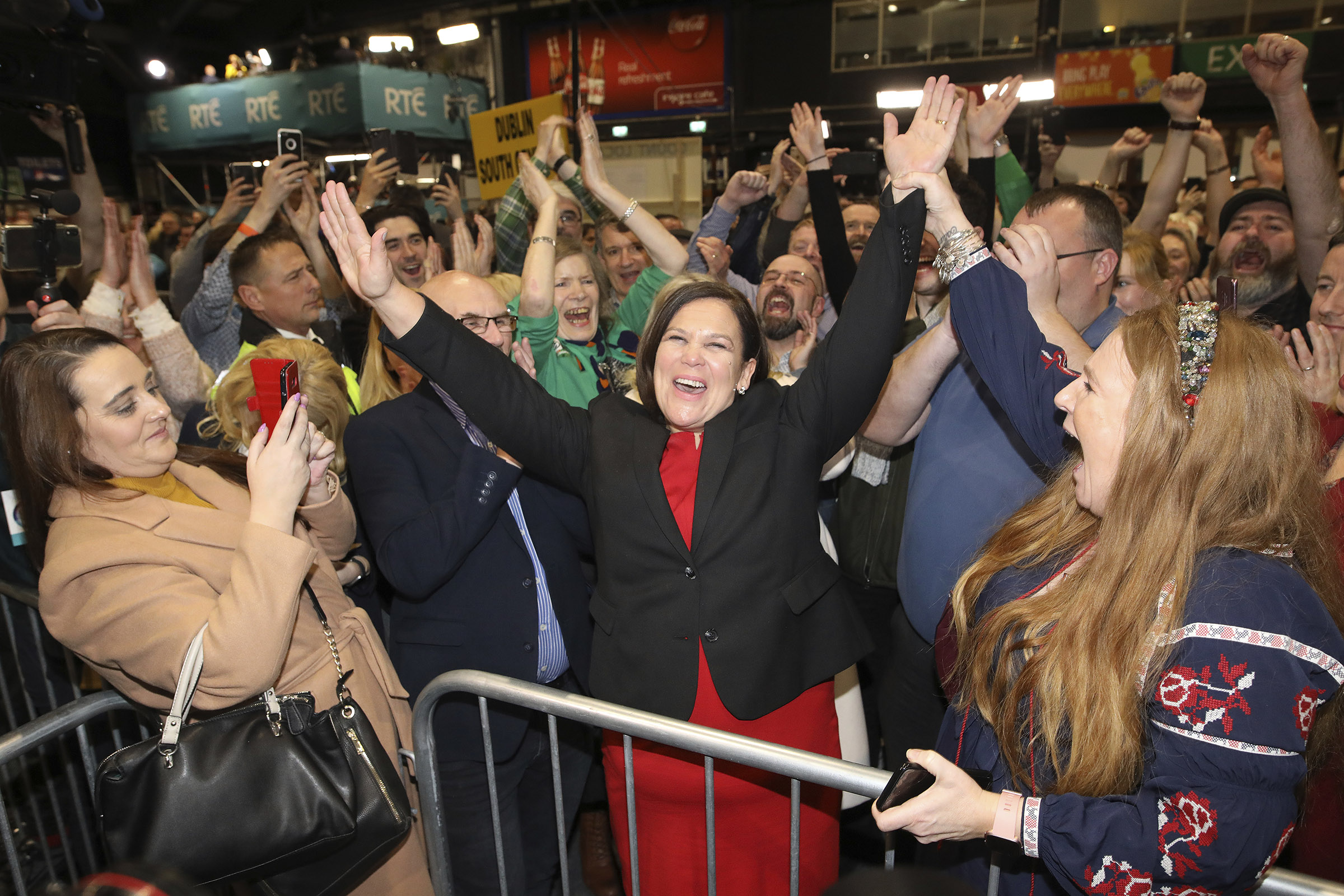 Sinn Fein leader Mary Lou McDonald celebrates with supporters after topping the poll in Dublin central at the RDS count centre in Dublin, Ireland, on Feb. 9, 2020. (Peter Morrison—AP)