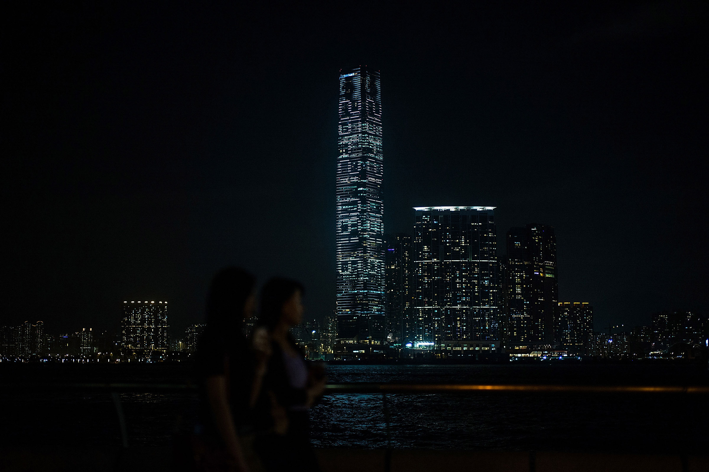 A light show on the facade of the International Commerce Center