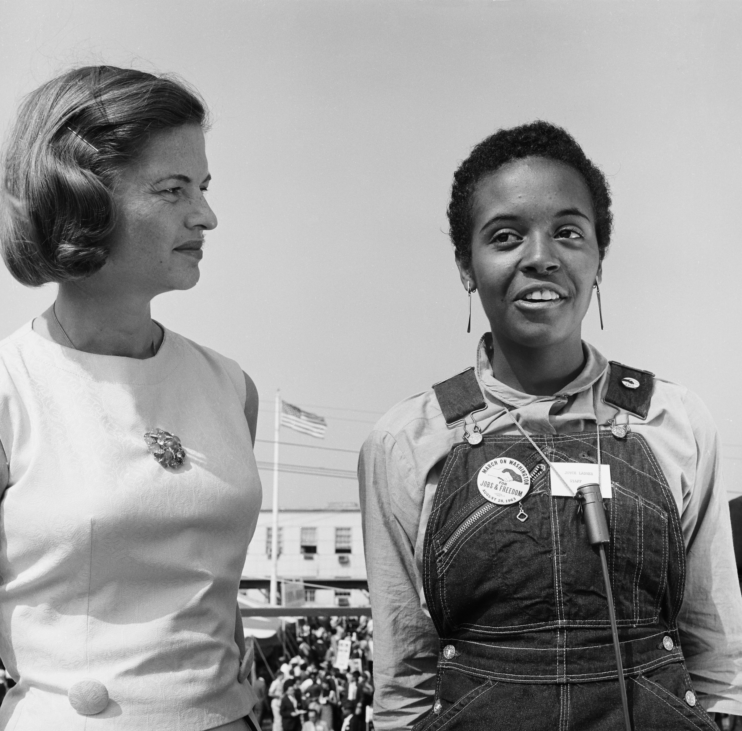 NBC News -- MARCH ON WASHINGTON FOR JOBS AND FREEDOM 1968 -- Pictured: (l-r) NBC News' Nancy Dickerson and Mississippi SNCC March Coordinator Joyce Ladner during the March on Washington for Jobs and Freedom in Washington, D.C., on Aug. 28, 1963. (NBCU Photo Bank/NBCUniversal via Getty Images)