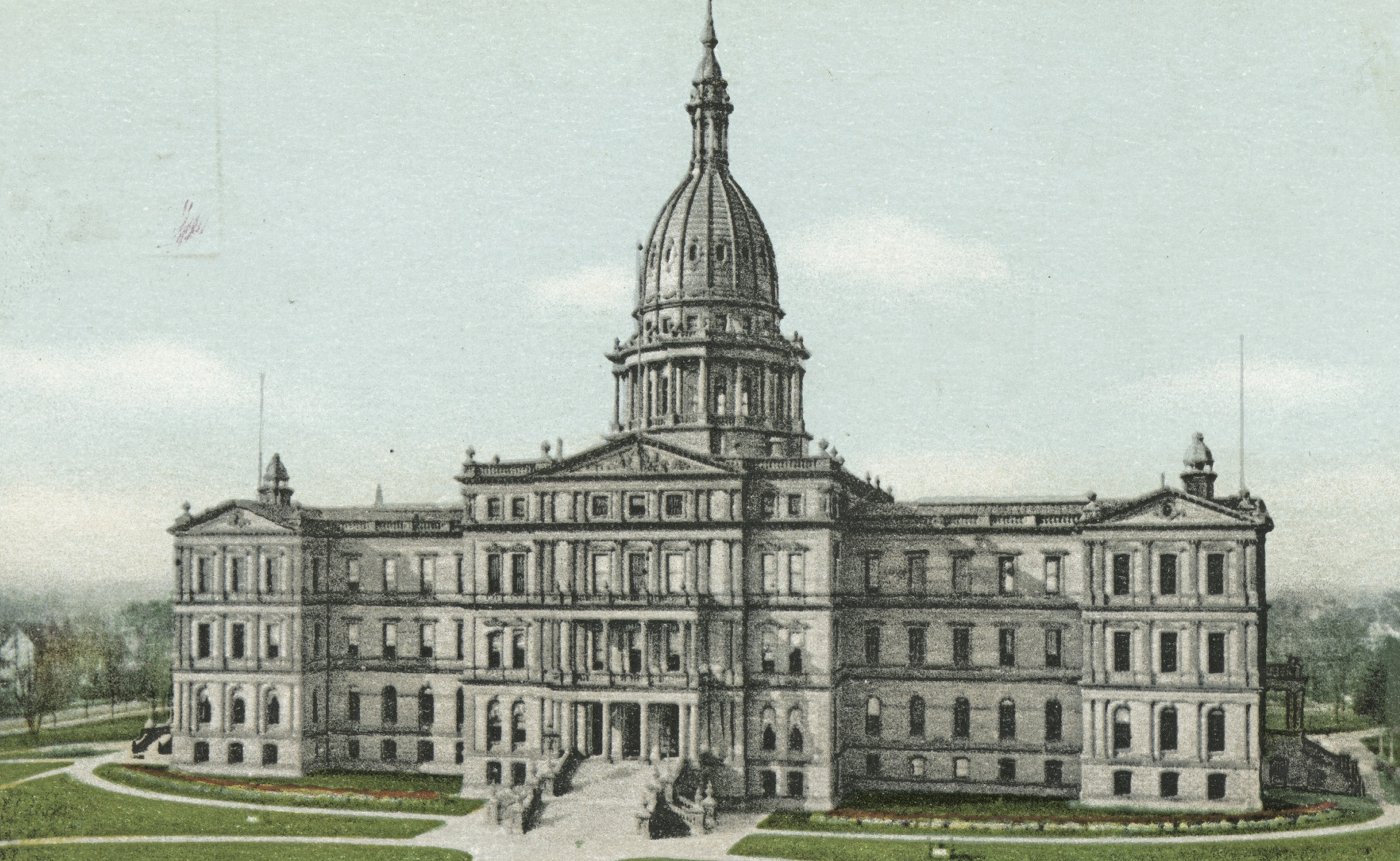 Postcard of the exterior of the Michigan State Capitol building, Lansing, Michigan, 1914. From the New York Public Library. In the 19th century, Michigan was the harbinger of a wave of state laws criminalizing seduction. (Getty Images)