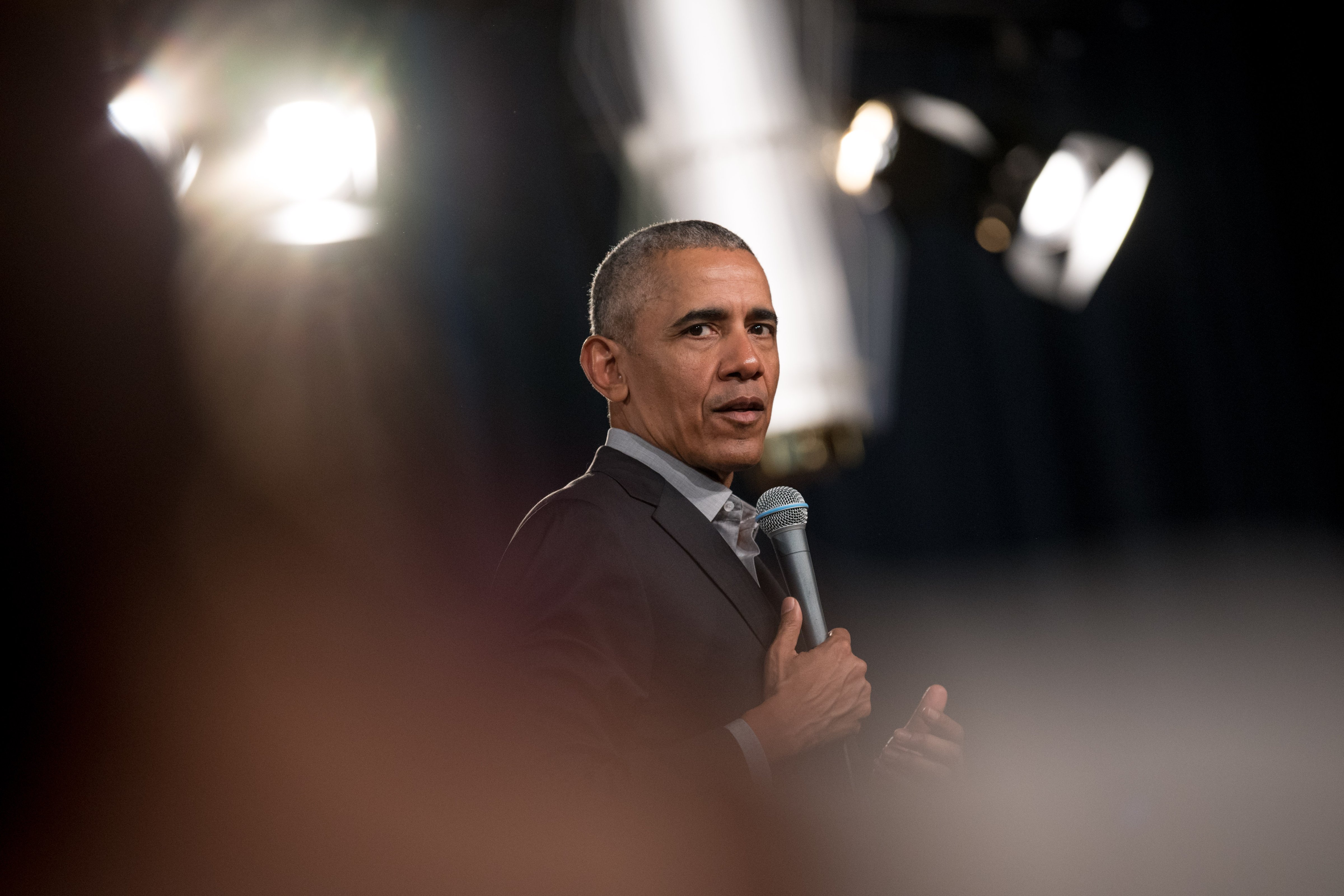 Former U.S. President Barack Obama addresses questions from young people at a town hall event on April 6, 2019 in Berlin. (Jörg Carstensen—DPA/Getty Images)