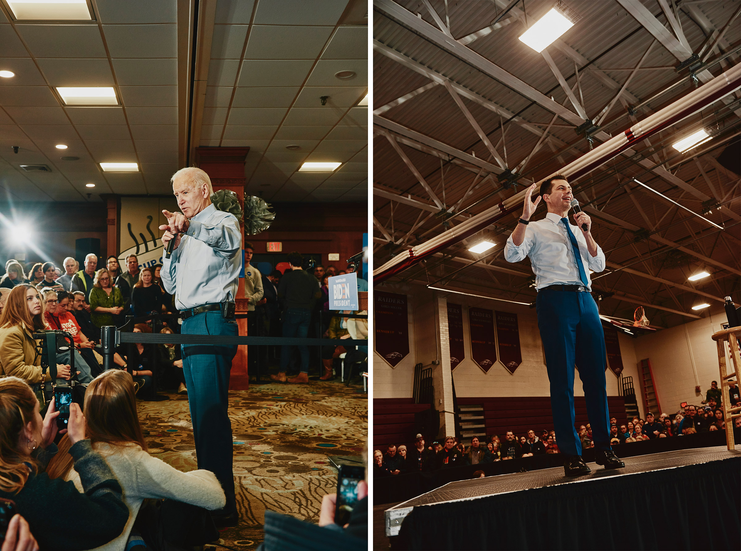Former Vice President Joe Biden speaking at his GOTV Event at Ashworth by the Sea in Hampton, N.H. on Feb. 9, 2020; Pete Buttigieg speaks at a GOTV Rally at the Lebanon High School in Lebanon, N.H. on Feb. 8, 2020. (Tony Luong for TIME)
