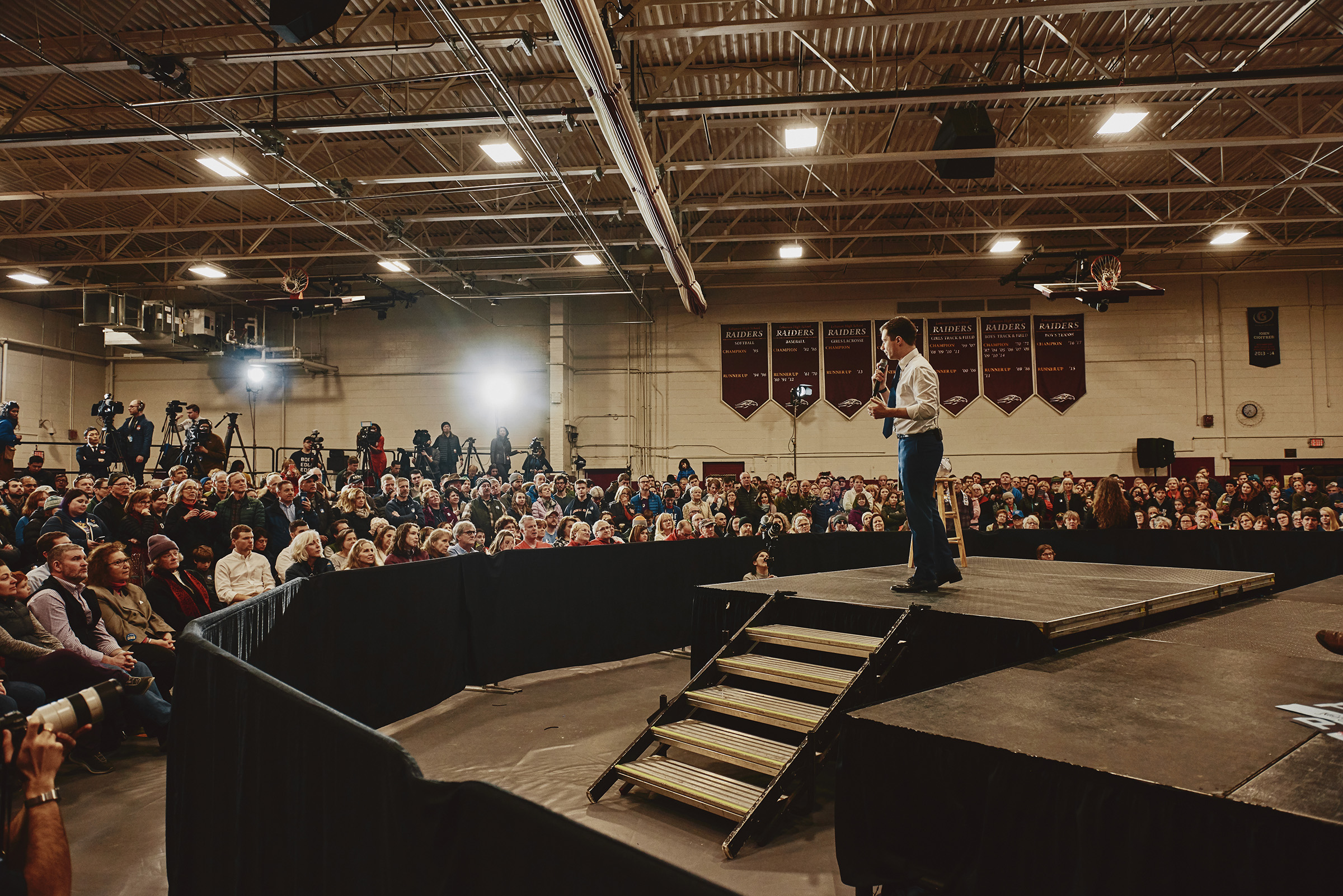 Mayor Pete Buttigieg speaking at his GOTV Rally at the Lebanon High School in Lebanon, N.H. on Feb. 8, 2020. (Tony Luong for TIME)