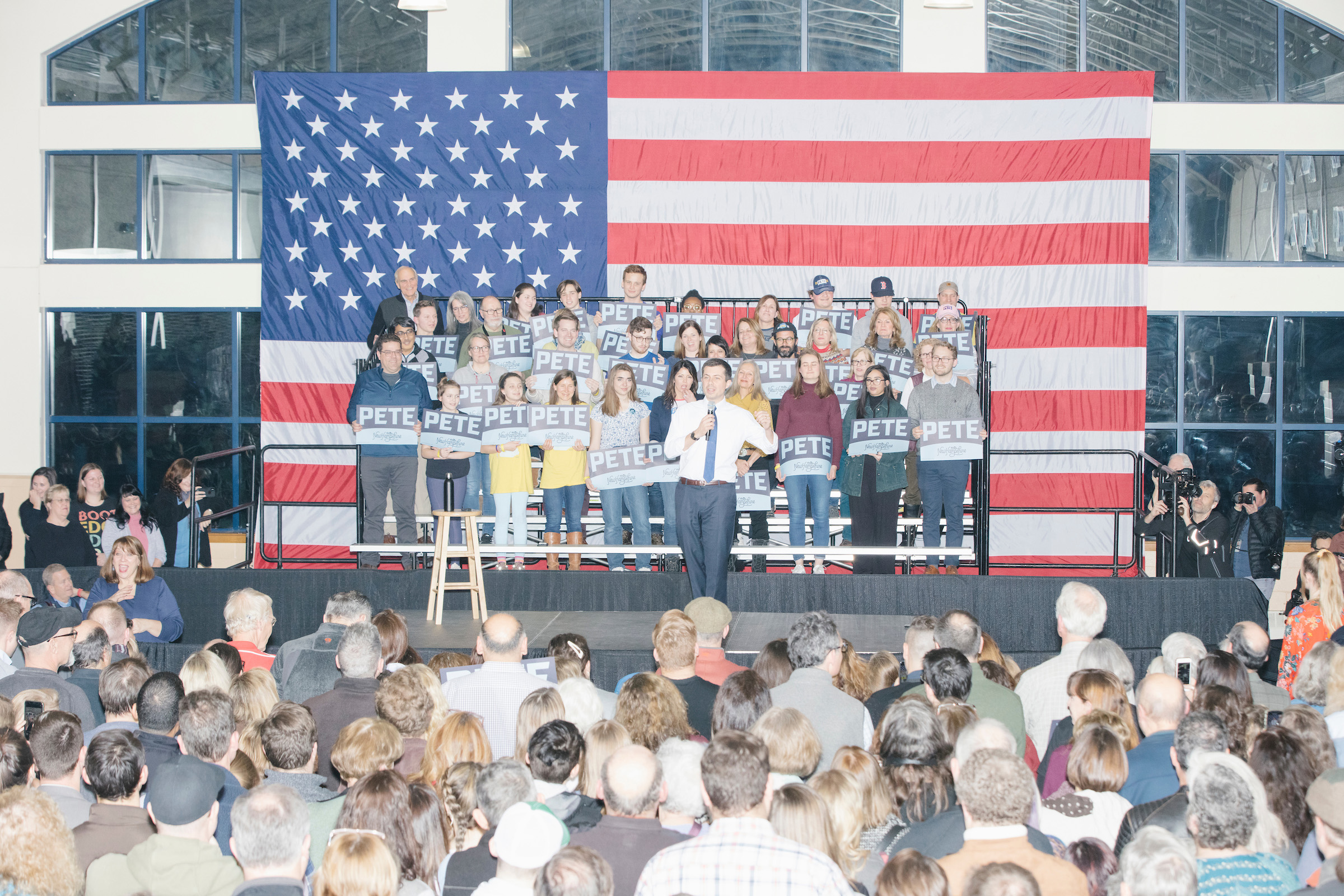 Pete Buttigieg speaks at a campaign rally at Exeter High School