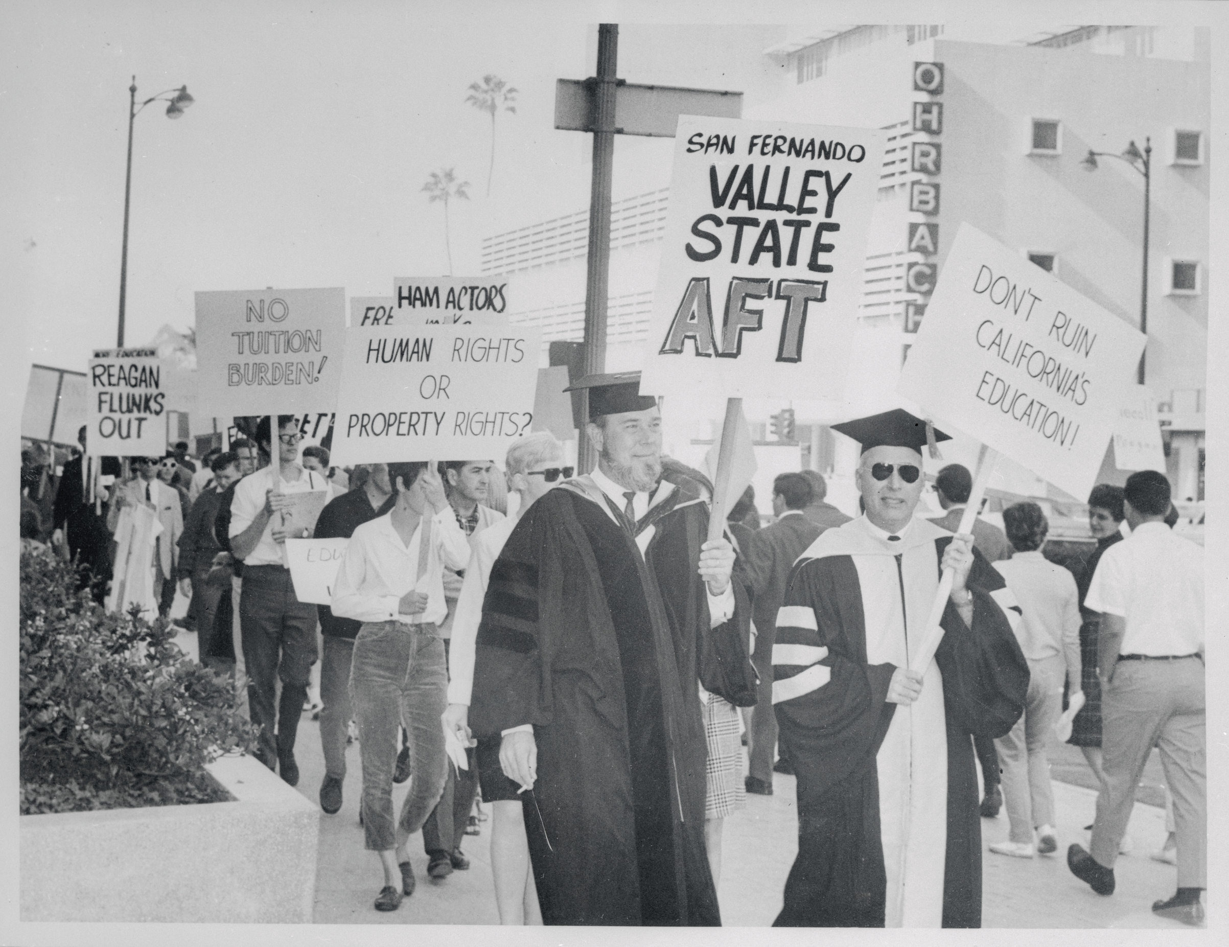 College professors join with students in picketing the office of State Colleges Chancellor Glen Dumke in Los Angeles on Jan. 15, 1967. Some 300 demonstrated against  proposed budget cuts and increased tuition fees. (Bettmann Archive/Getty Images)