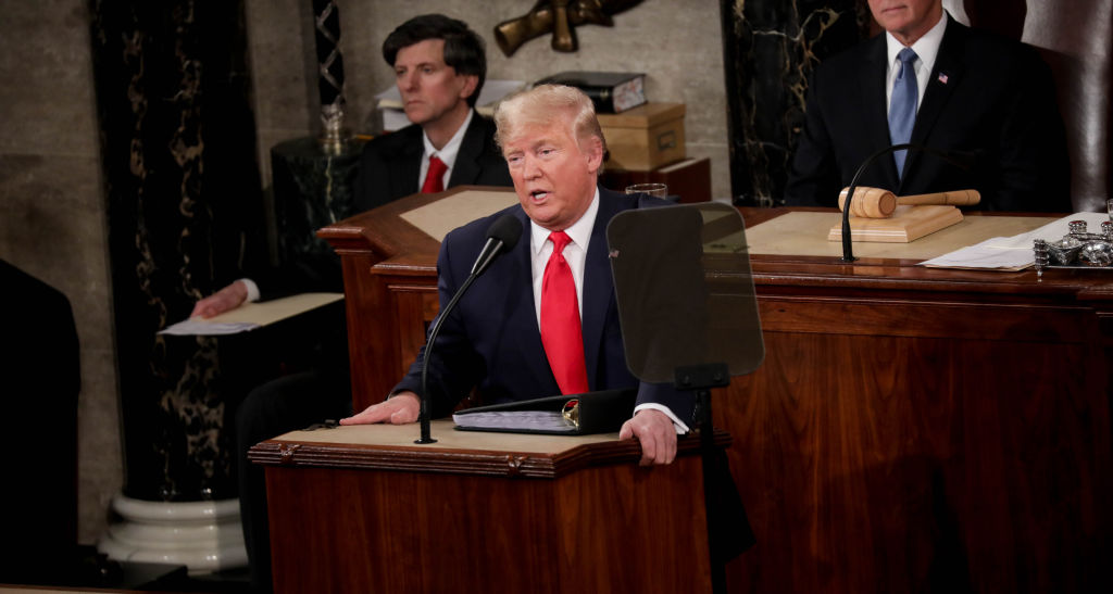 President Donald Trump delivers his State of the Union address at the U.S. Capitol in Washington D.C., on Feb. 04, 2020. (Yasin Ozturk/Anadolu Agency—Getty Images)