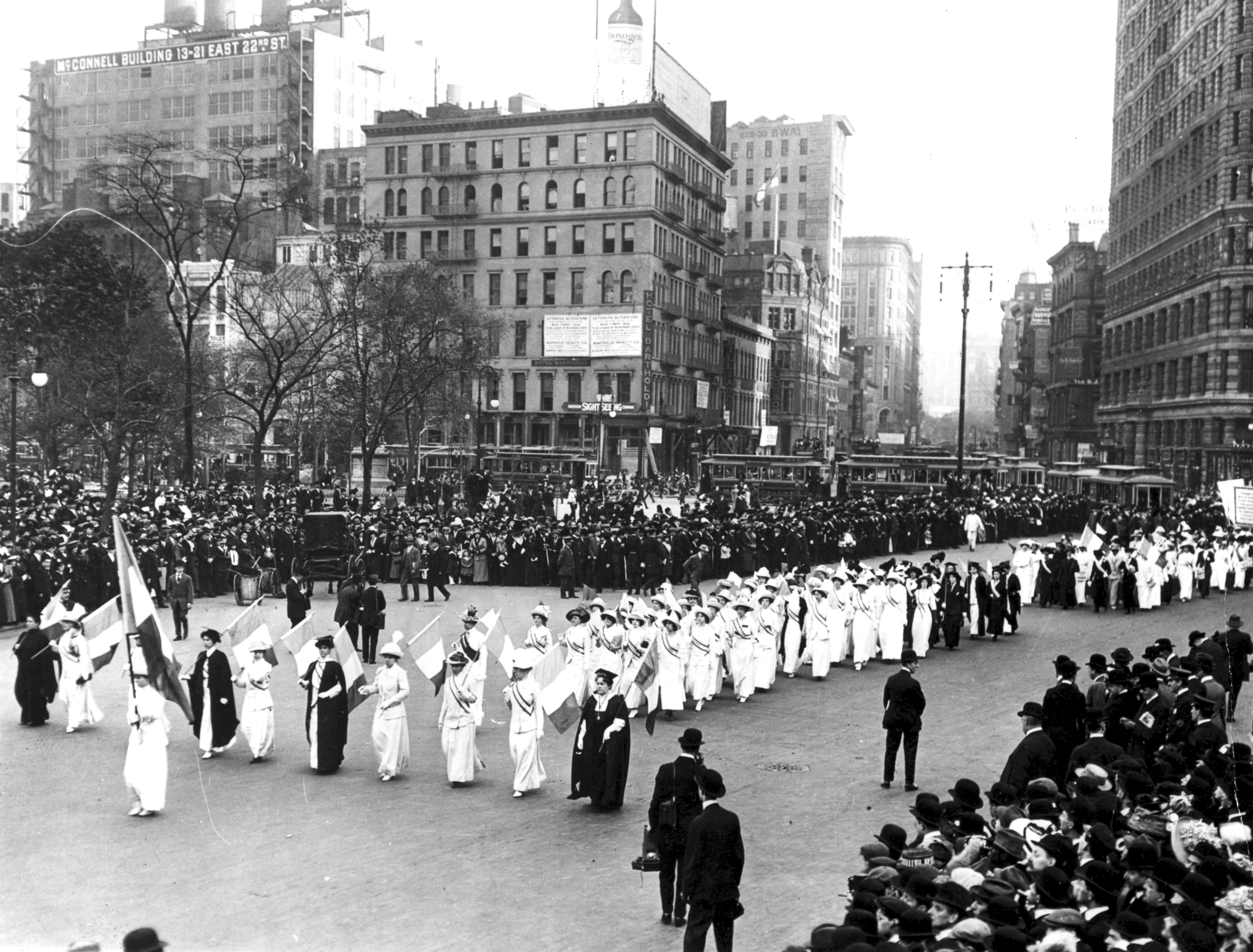View of a suffrage march on Fifth Avenue, off Broadway and 23rd street, in New York City, 1912. (Getty Images)