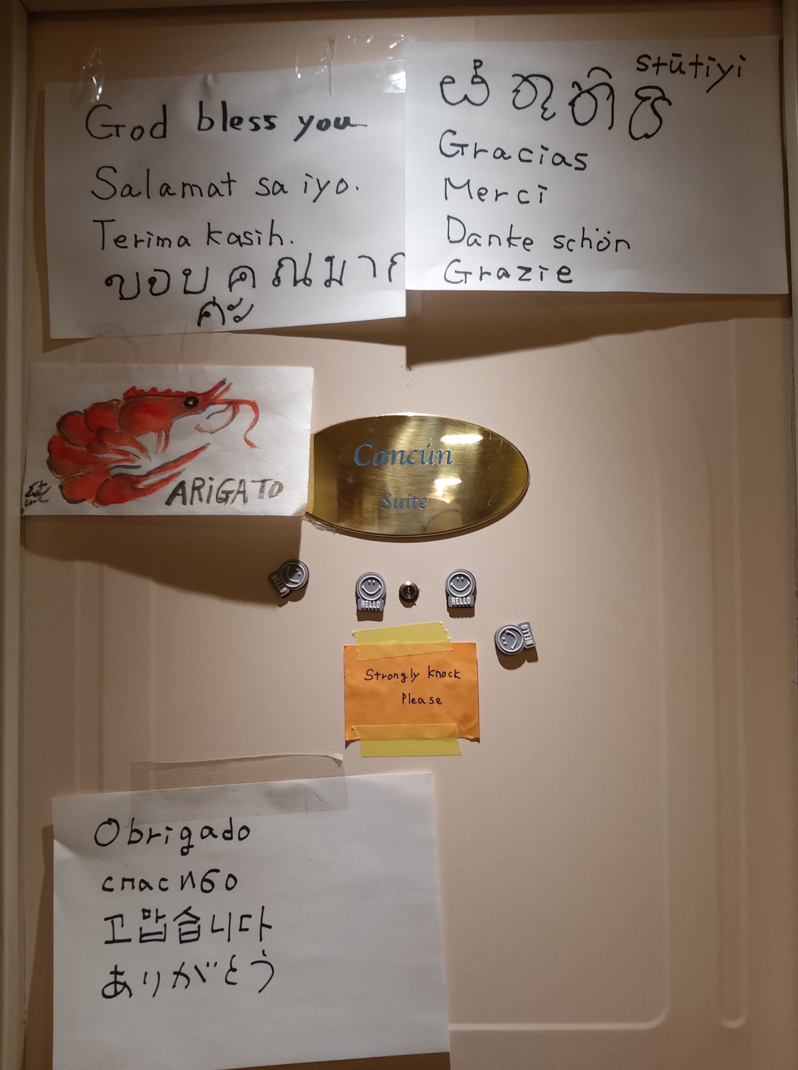 Thank you notes to crew in multiple languages are stuck to the door of a cabin aboard the quarantined <em>Diamond Princess</em> ship (Sent to TIME via Gie, a <em>Diamond Princess</em> crew member)