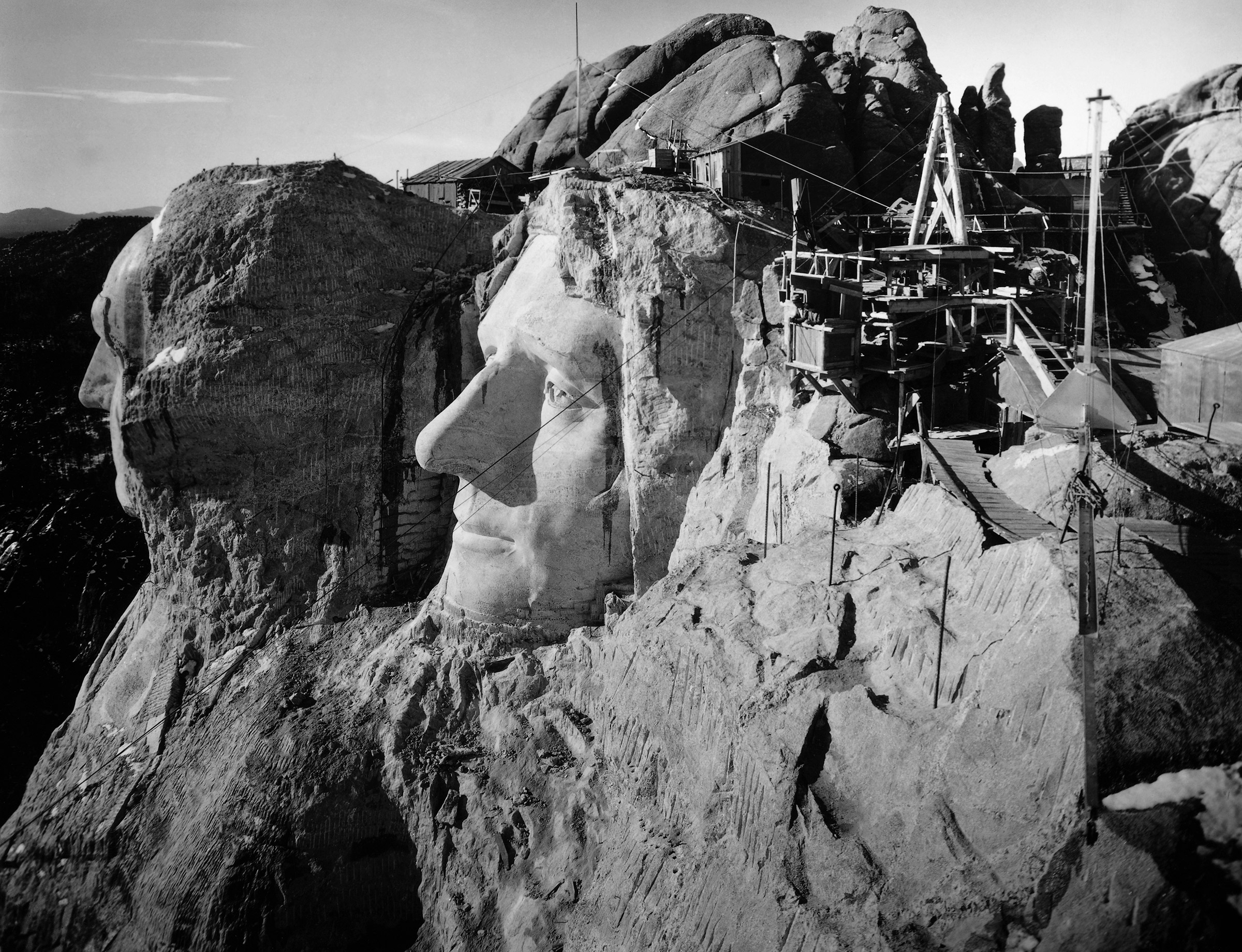 Mount Rushmore, South Dakota: The head of Washington and Jefferson from the top of Lincoln's head. Undated photograph. Ca. 1940s. (Bettman Archives/Getty Images)